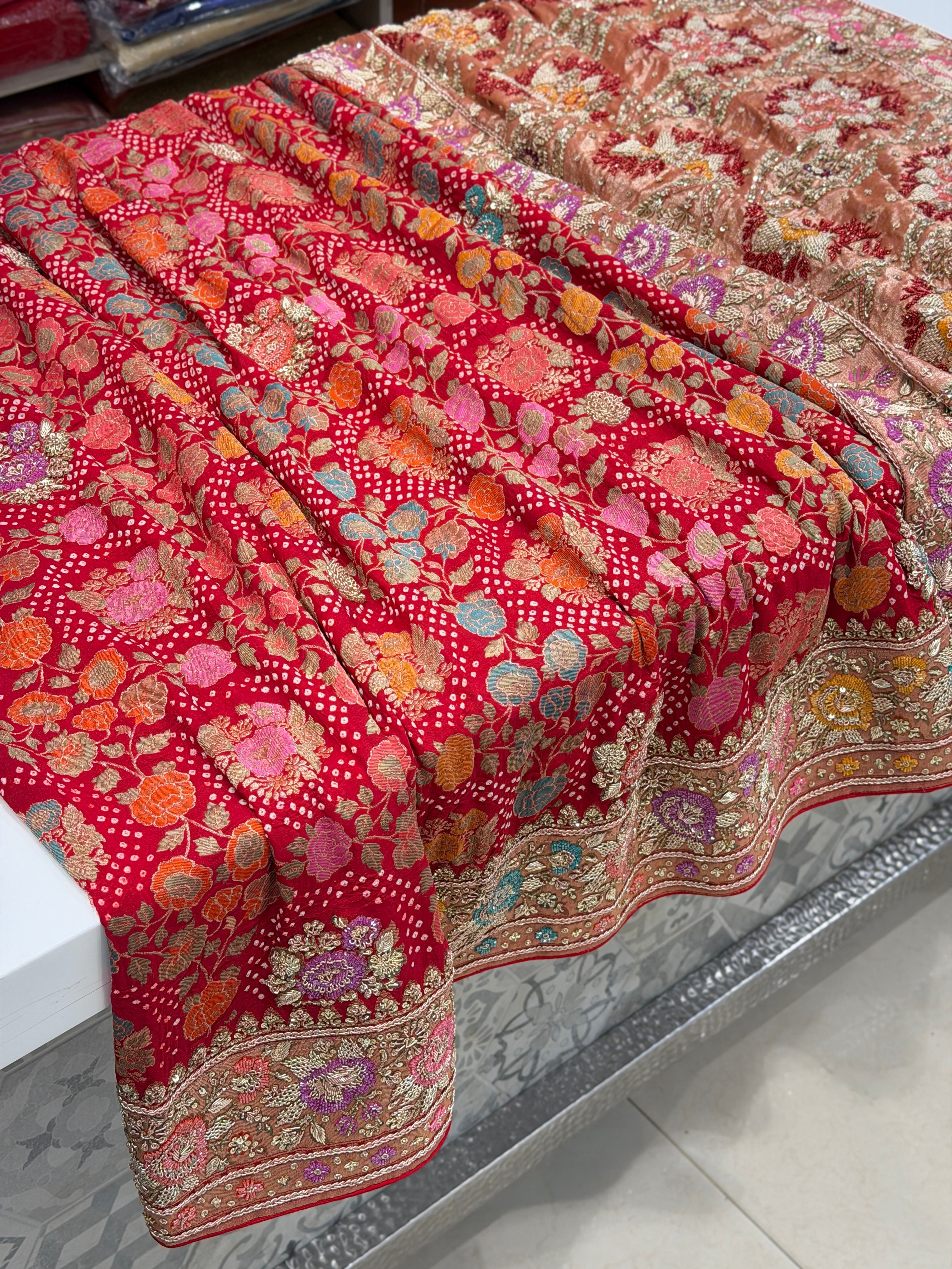 Red Meenakari Bandhej Zardodi Sequin Hand Embroidery Saree