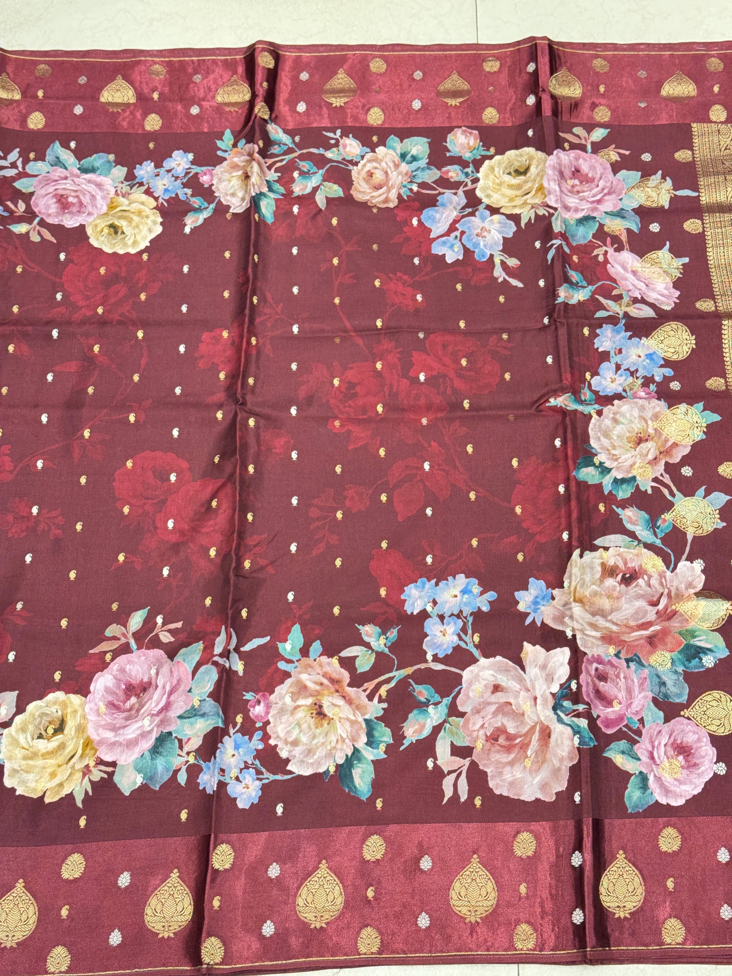 Wine Printed Silk Satin Border Saree