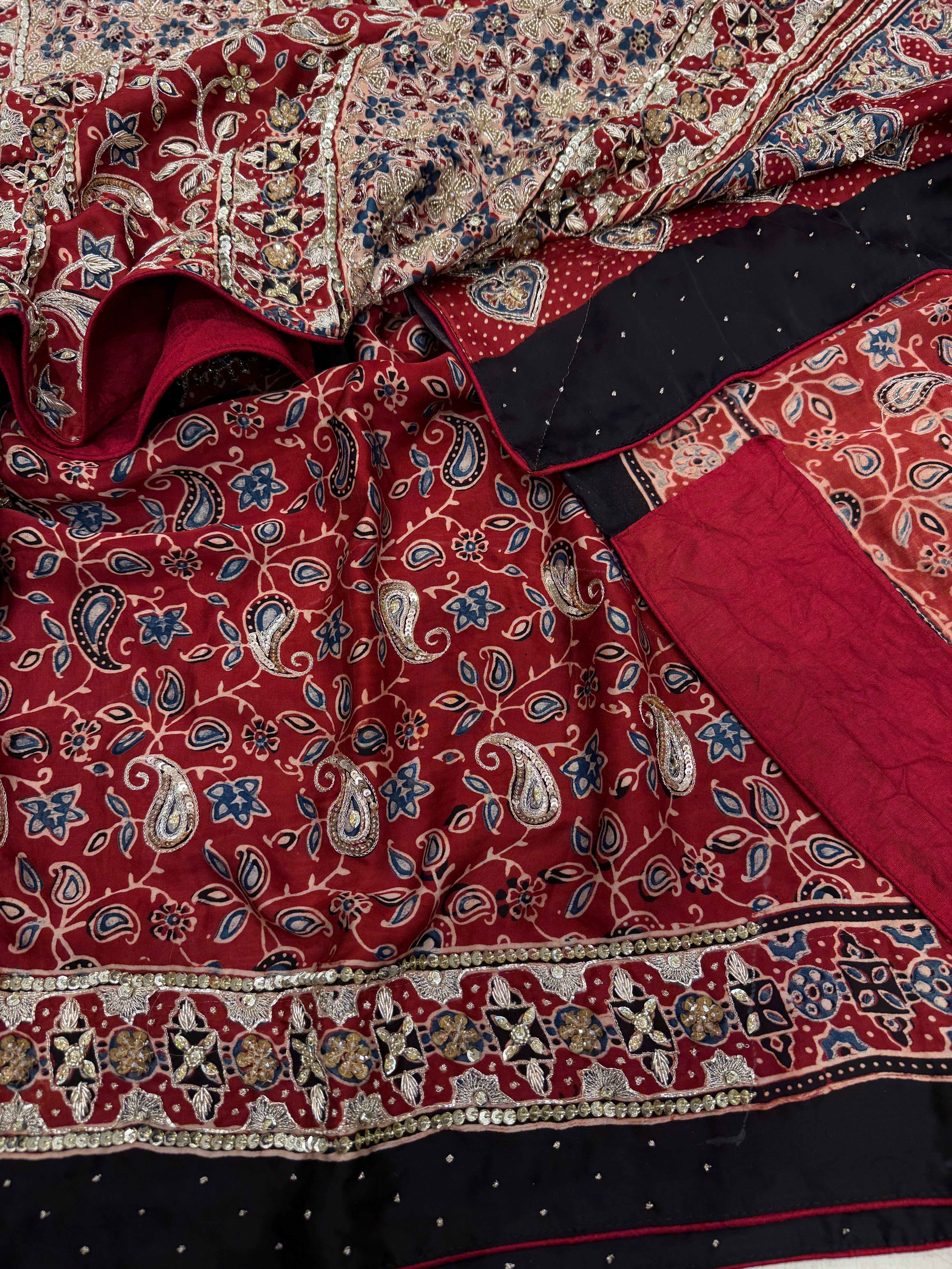 Red Ajrakh Pita Zardosi Ajrakh Hand Embroidery Saree