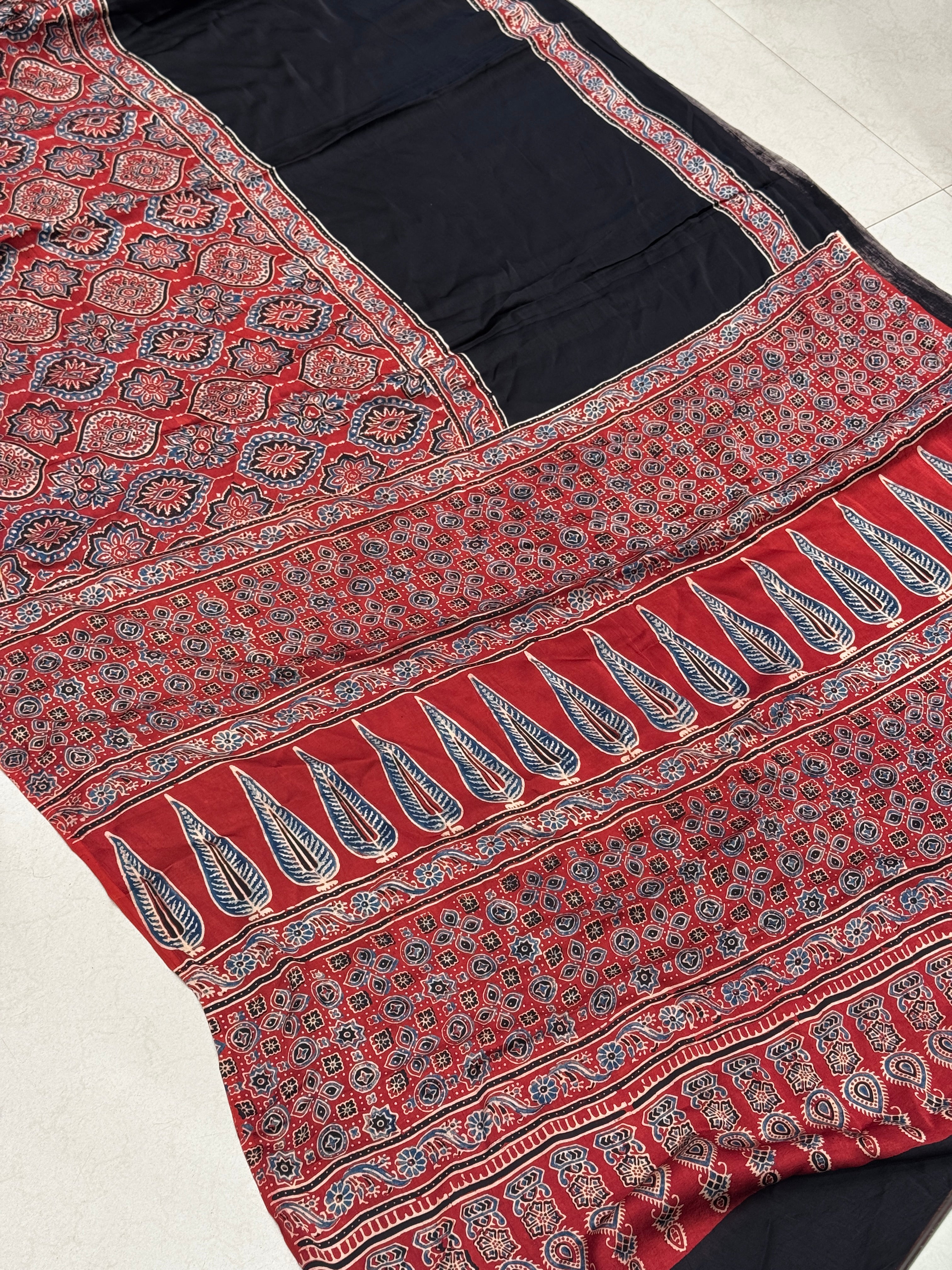 Red Half Contemporary Ajrakh Hand Block Print Pure Gajji Silk Saree