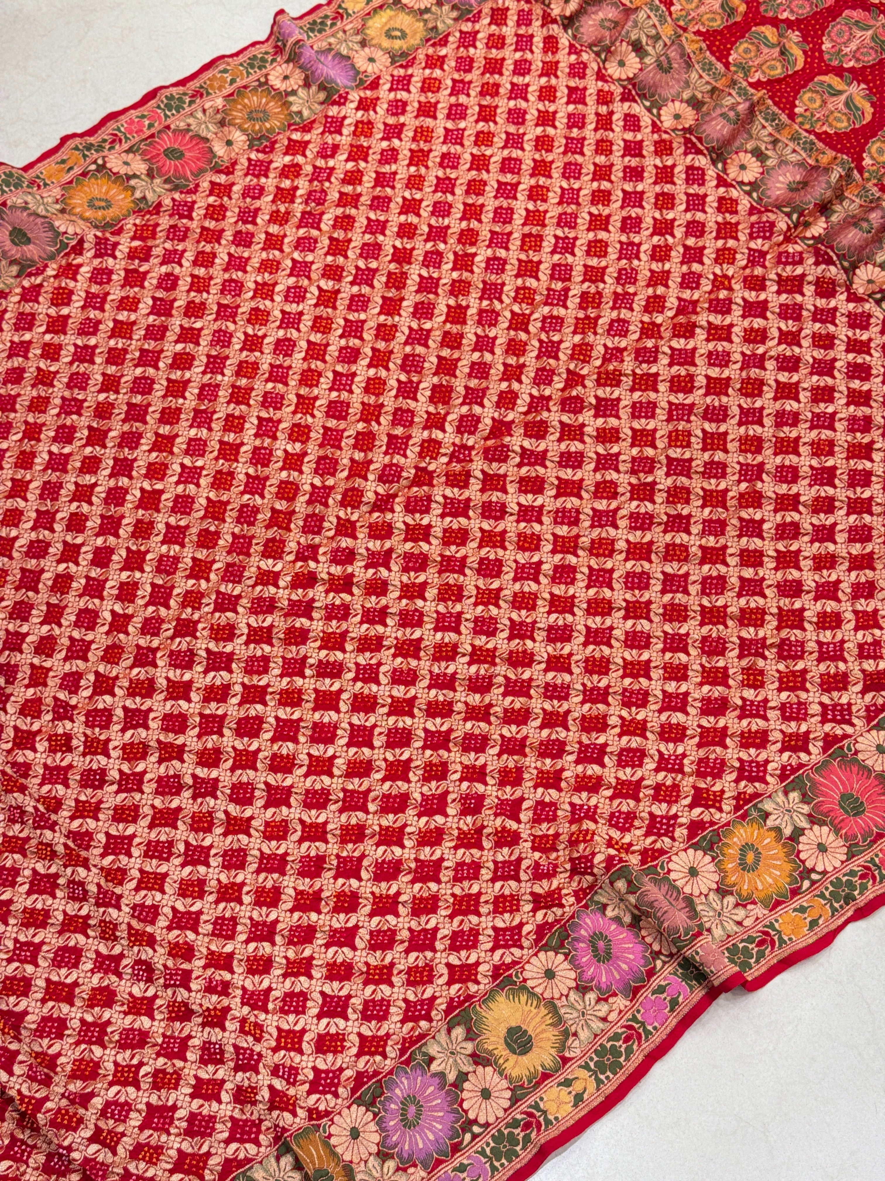 Red Meenakari Double Floral Rai Bandhej Georgette Bandhini Saree