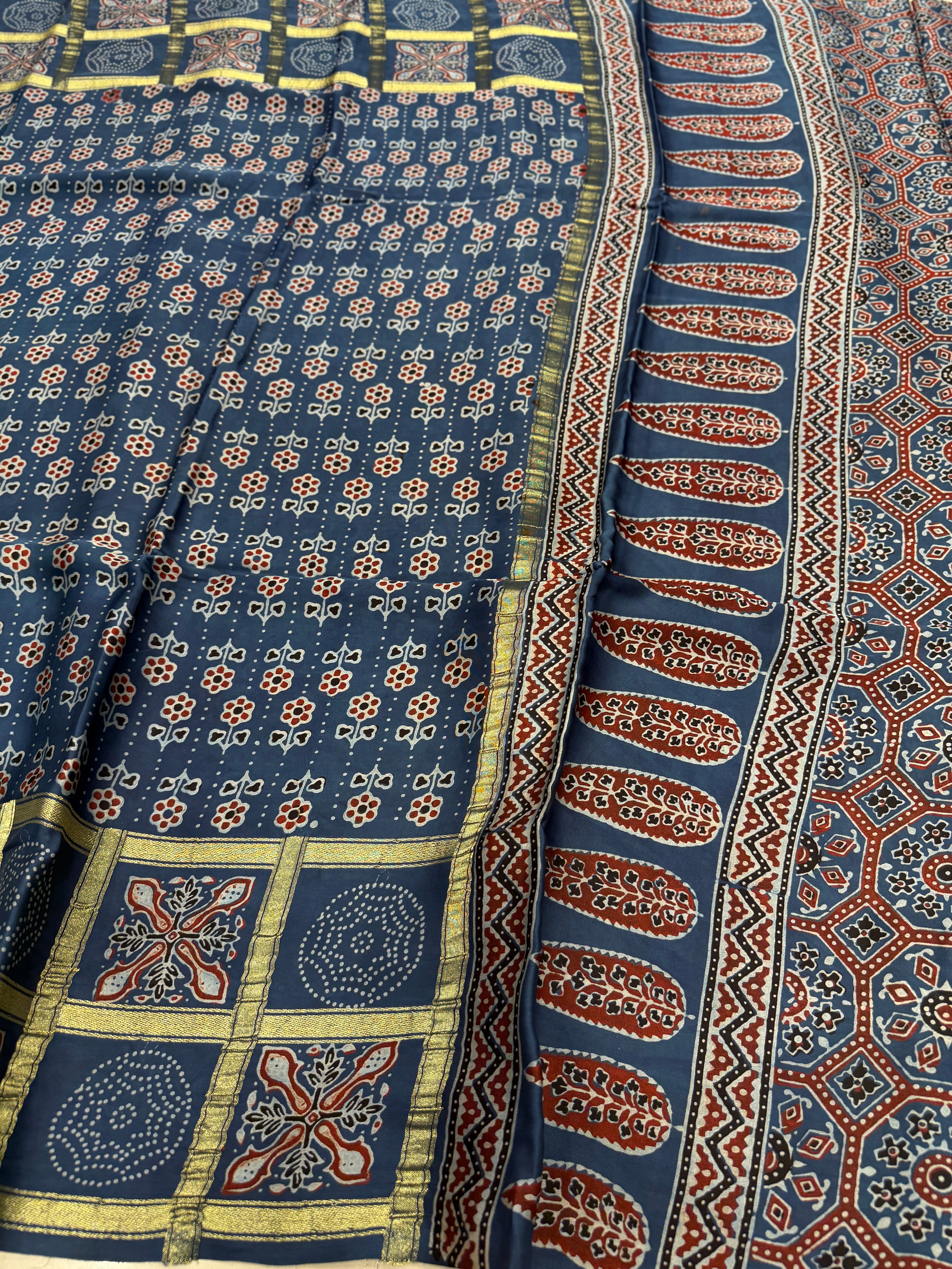 Blue Checks Border Lagdipatta Ajrakh Hand Block Print Pure Modal Silk Saree