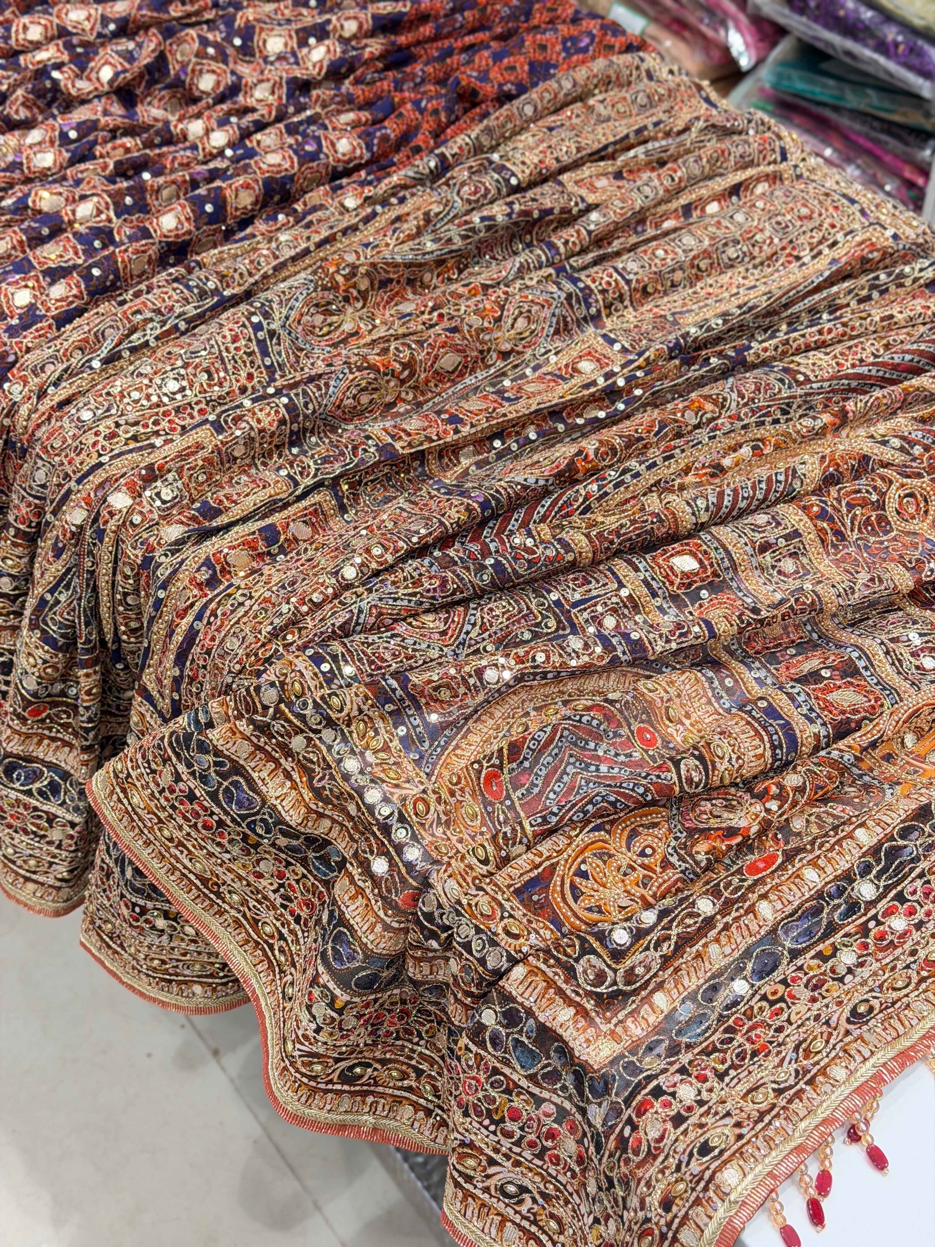 Maroon Blue Half Half TT inspired Floral Banarasi Crepe Hand Embroidery Saree
