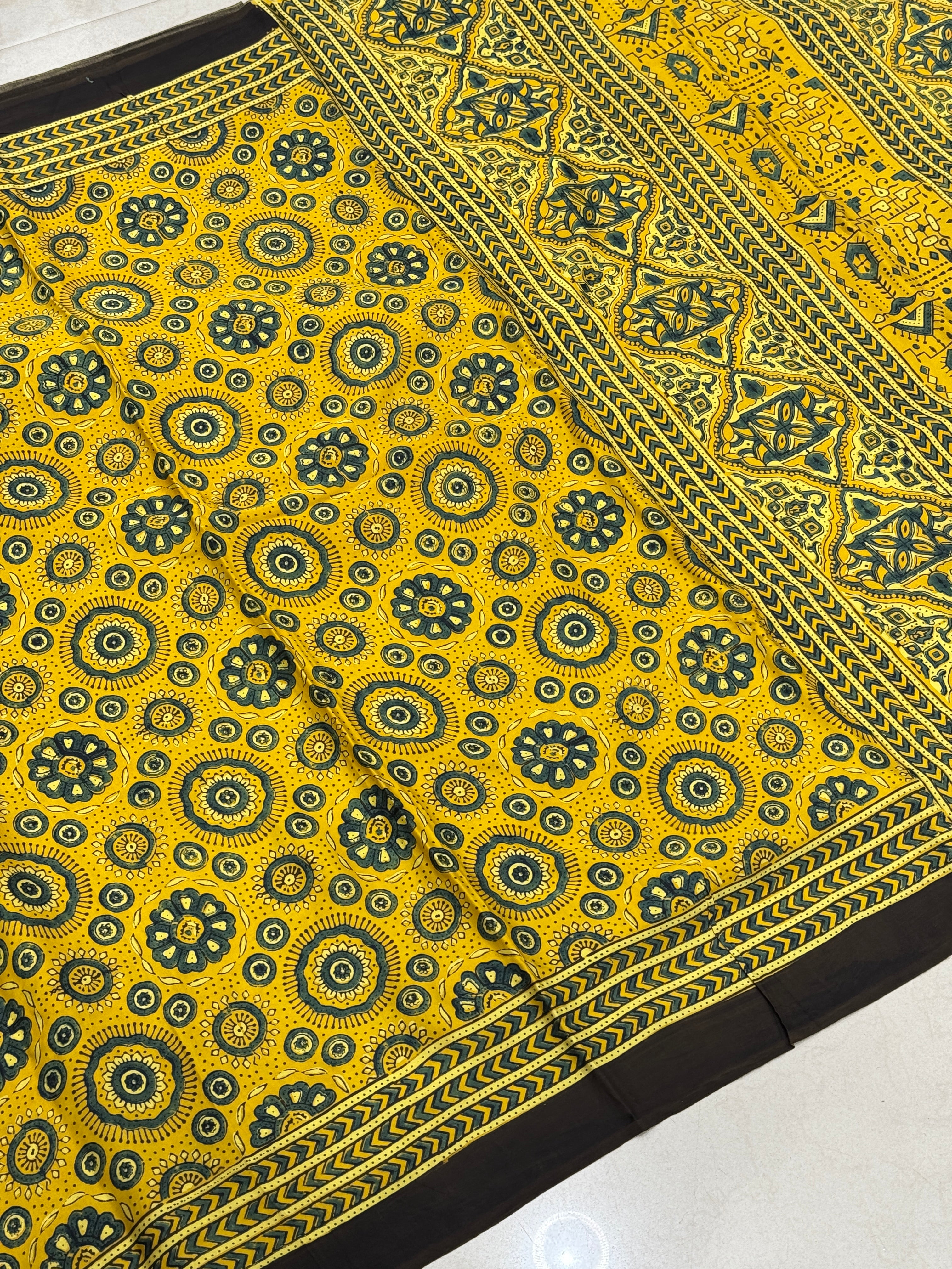 Yellow Floral Butta Pattern Ajrakh Hand Block Print Pure Gajji Silk Saree