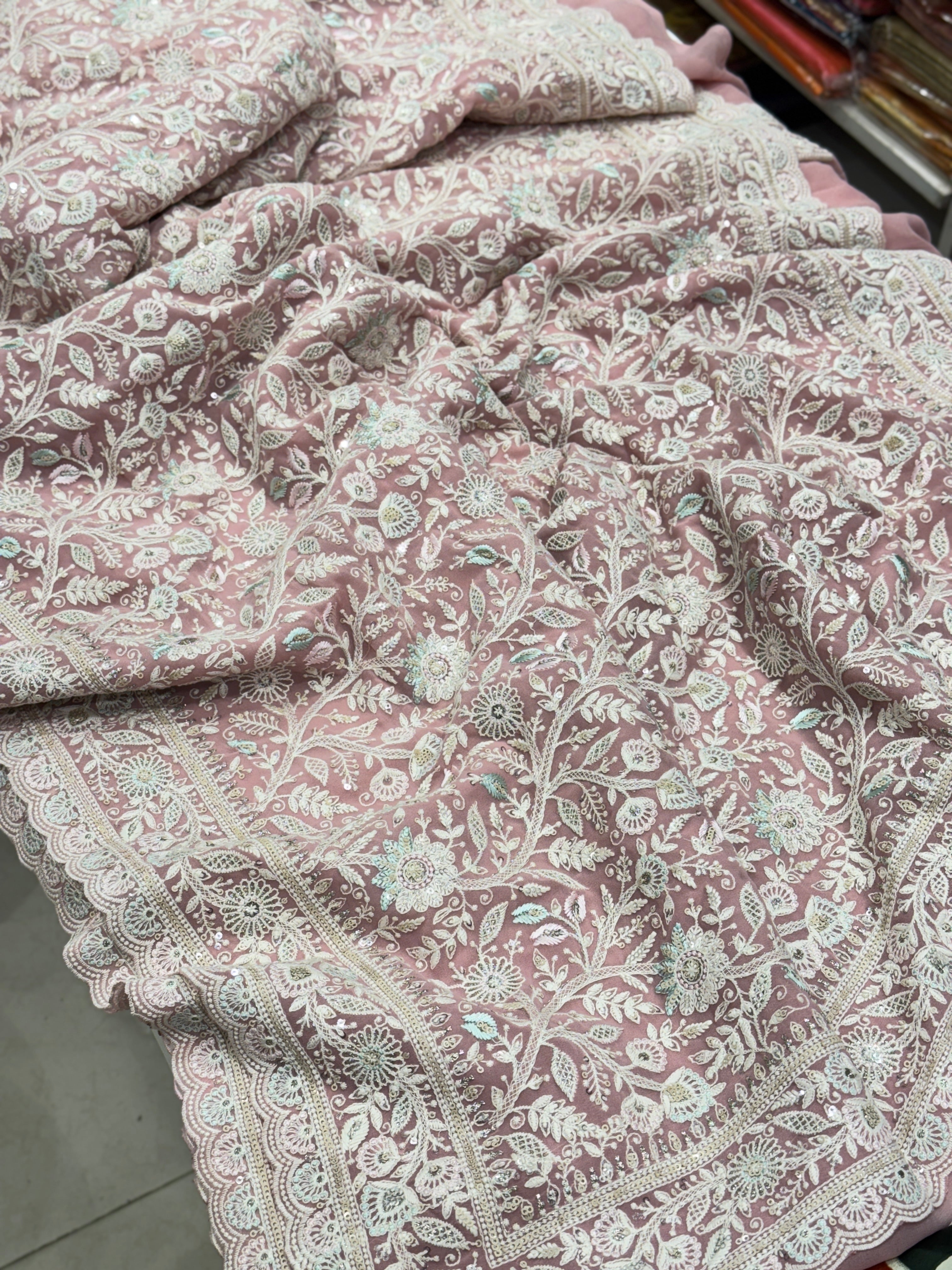 Pink Meenakari Chikankari Scallop Design Saree