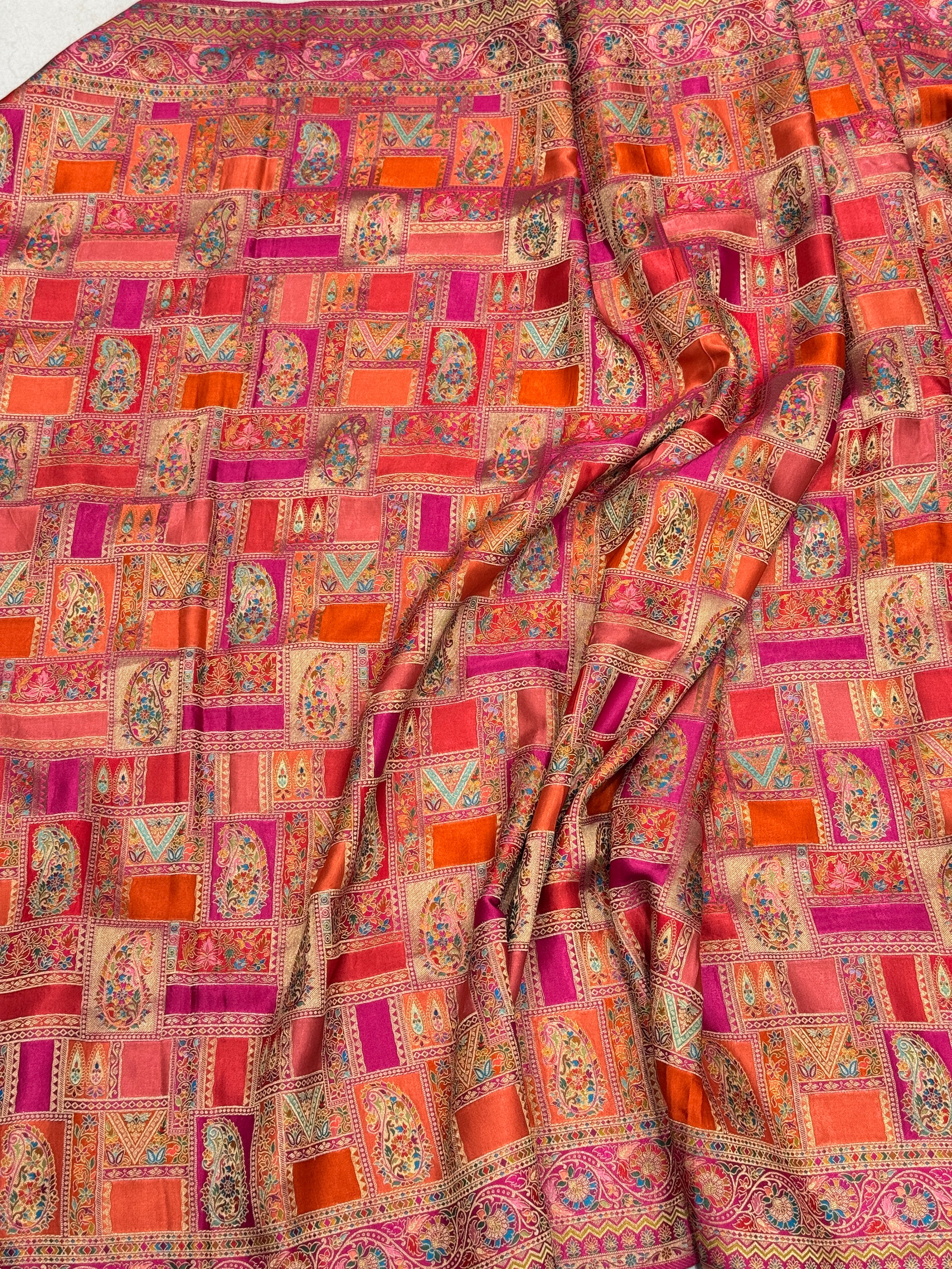 Orange Rani Banarasi Modal Rangkat Satin Checkered Silk Saree