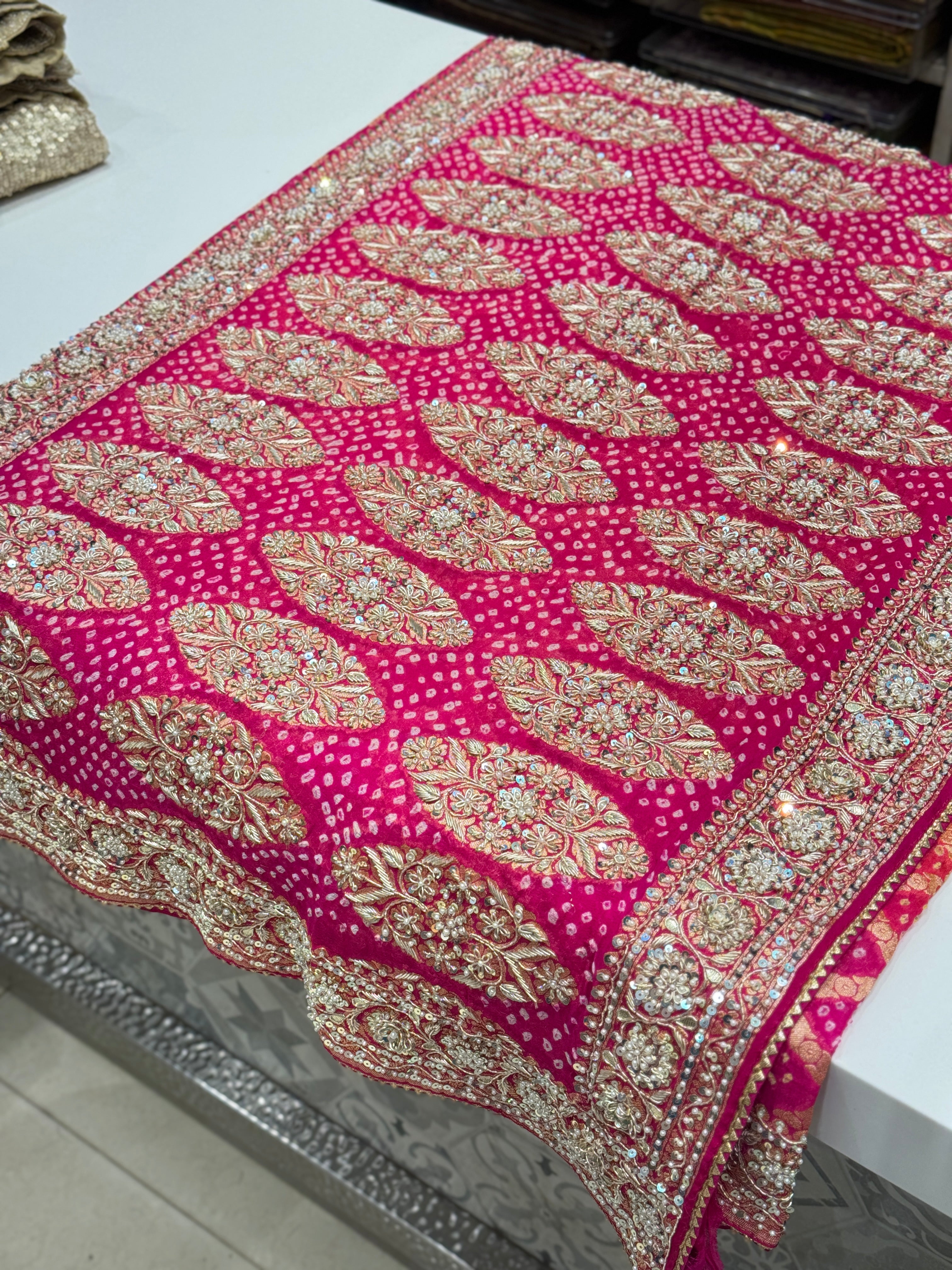 Orange Rani Shaded Bandhej Zardosi Embroidery Saree