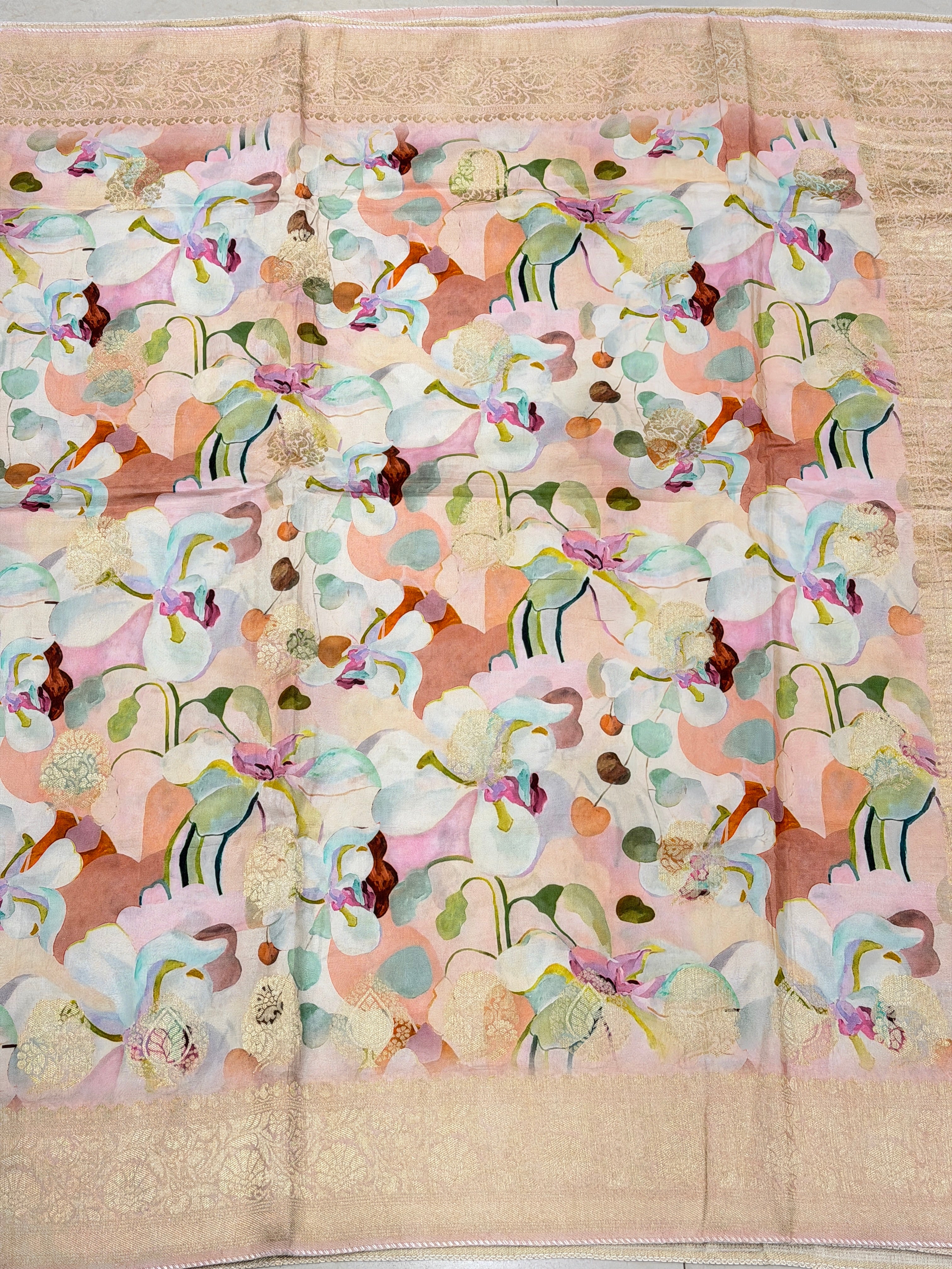 Pink Floral Multi Colour Print Munga Soft Silk Saree