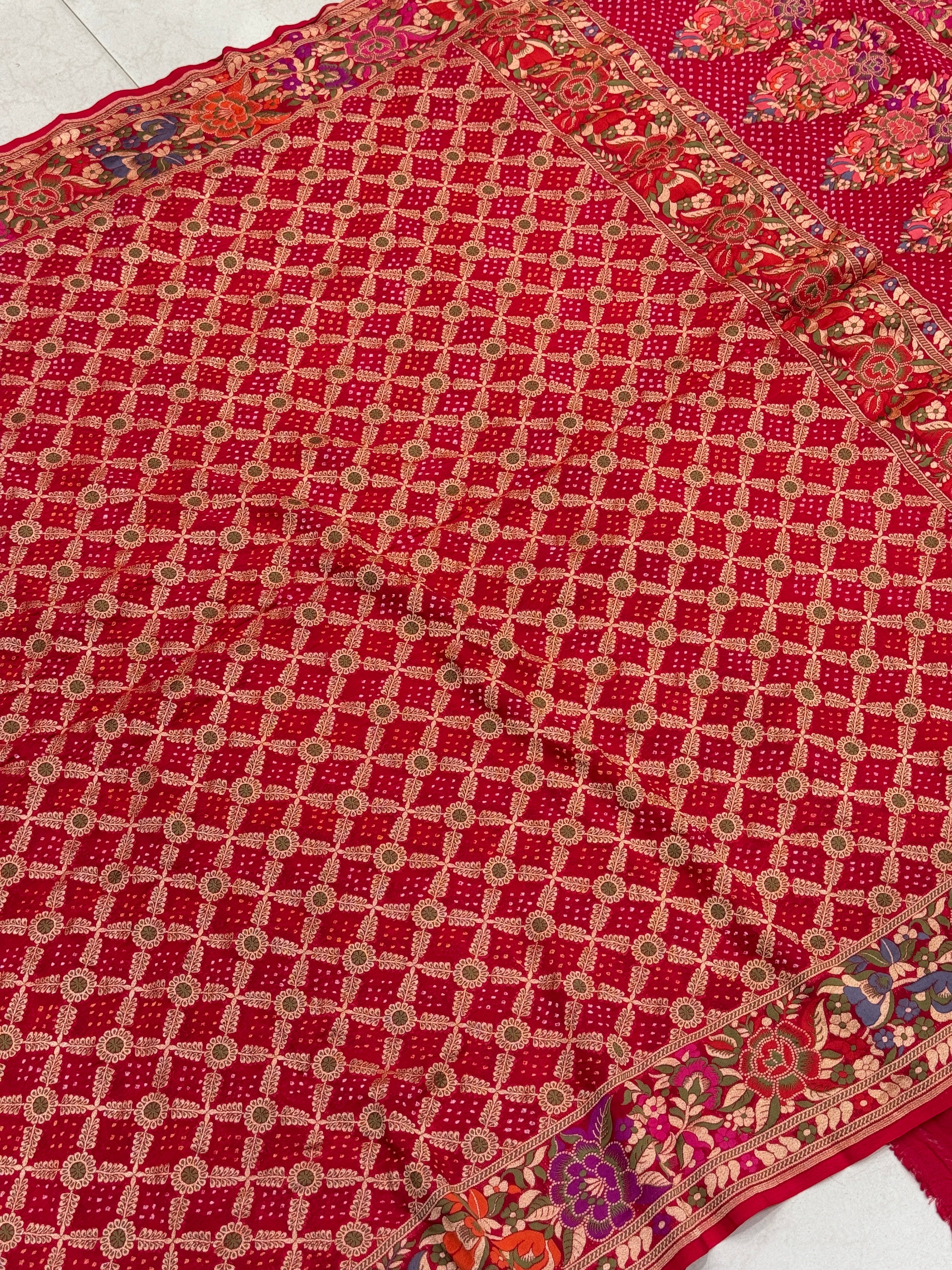 Red Meenakari Floral Rai Bandhej Georgette Bandhini Saree