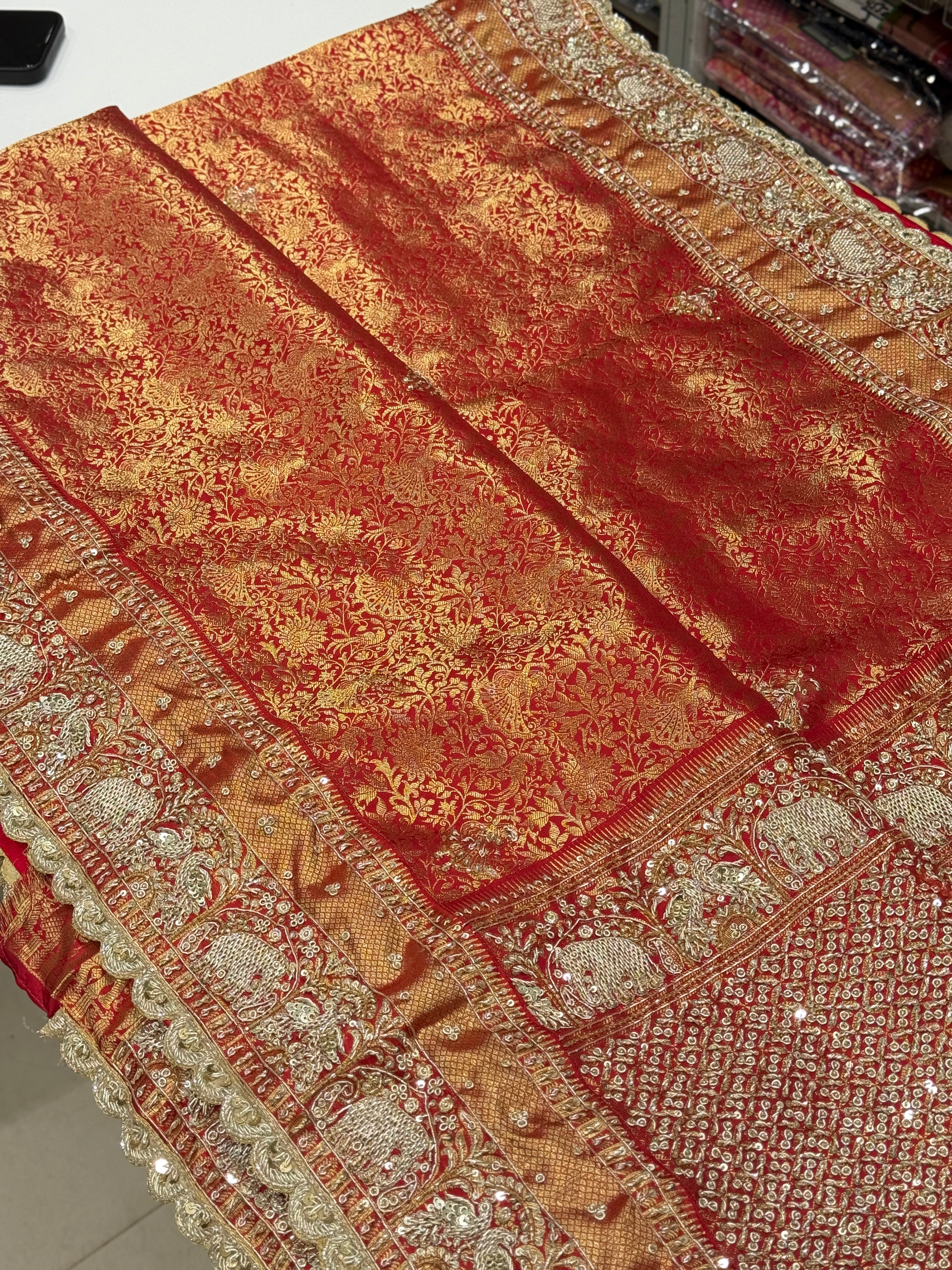 Red Kanjivaram Elephant Motif Zardozi Hand Embroidery Saree