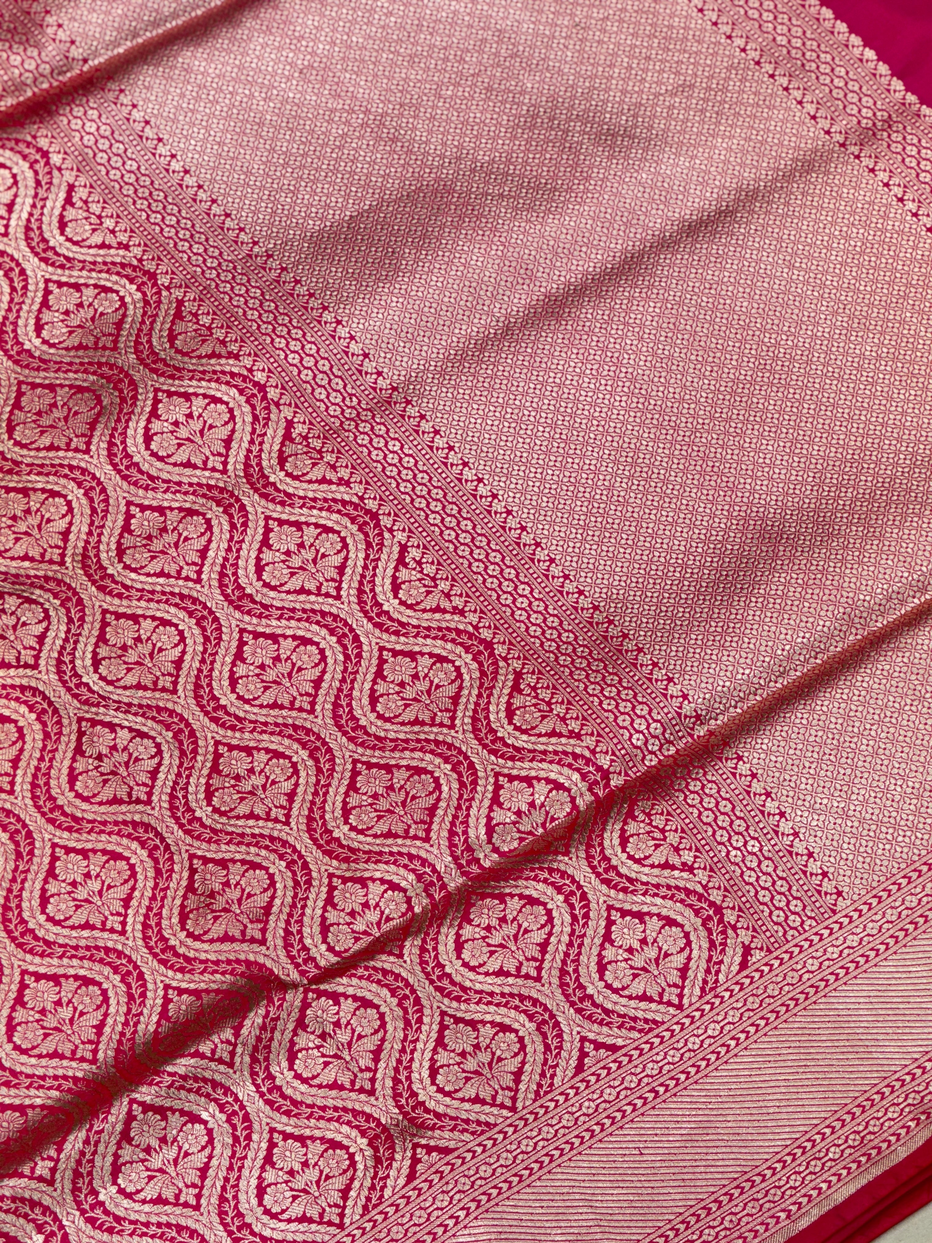 Rani Pink Keri Badam Jaal Handloom Banarasi Katan Silk Saree