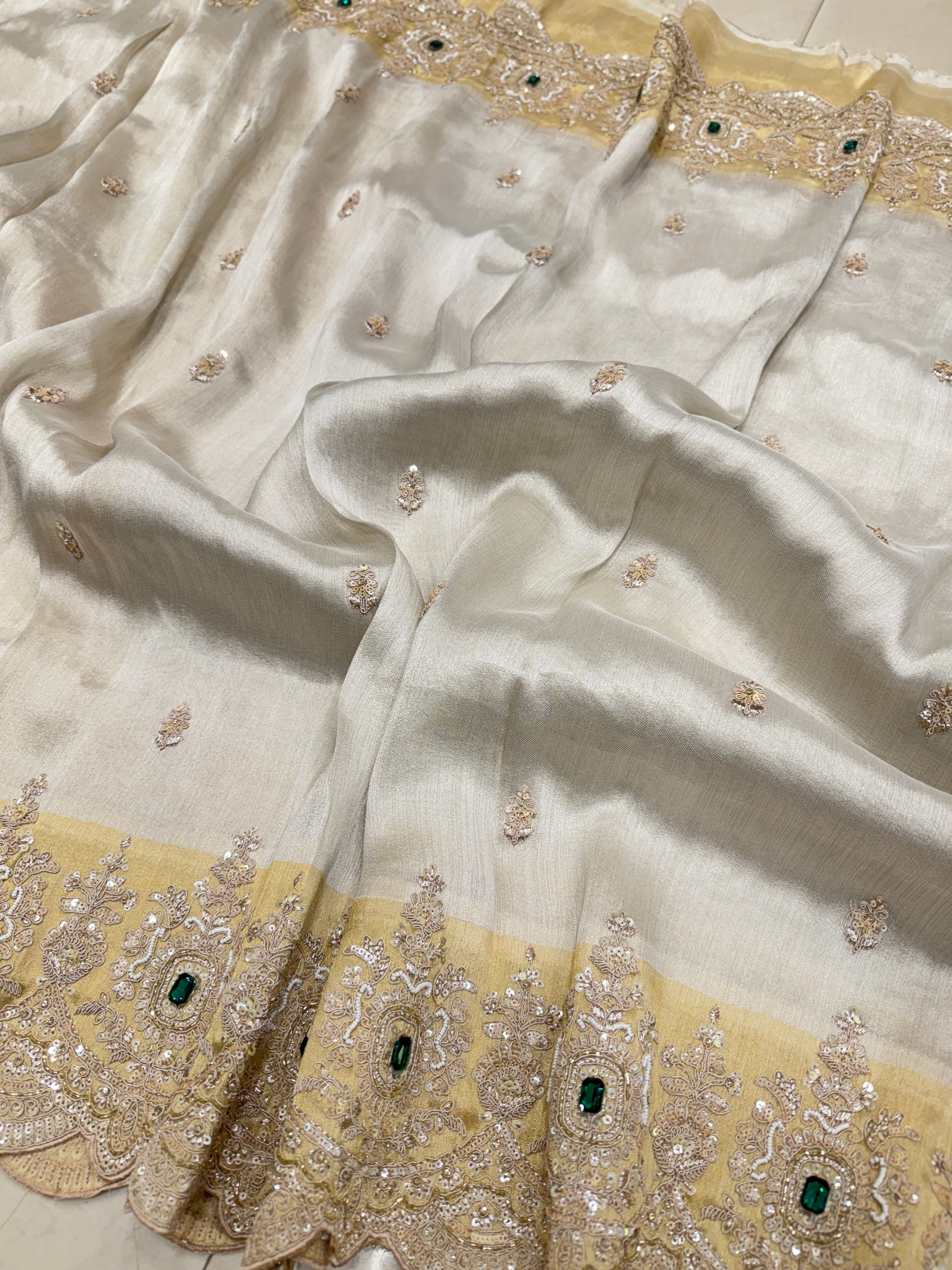 Golden Silver Soft Tissue Moti Crystal Embroidery Saree