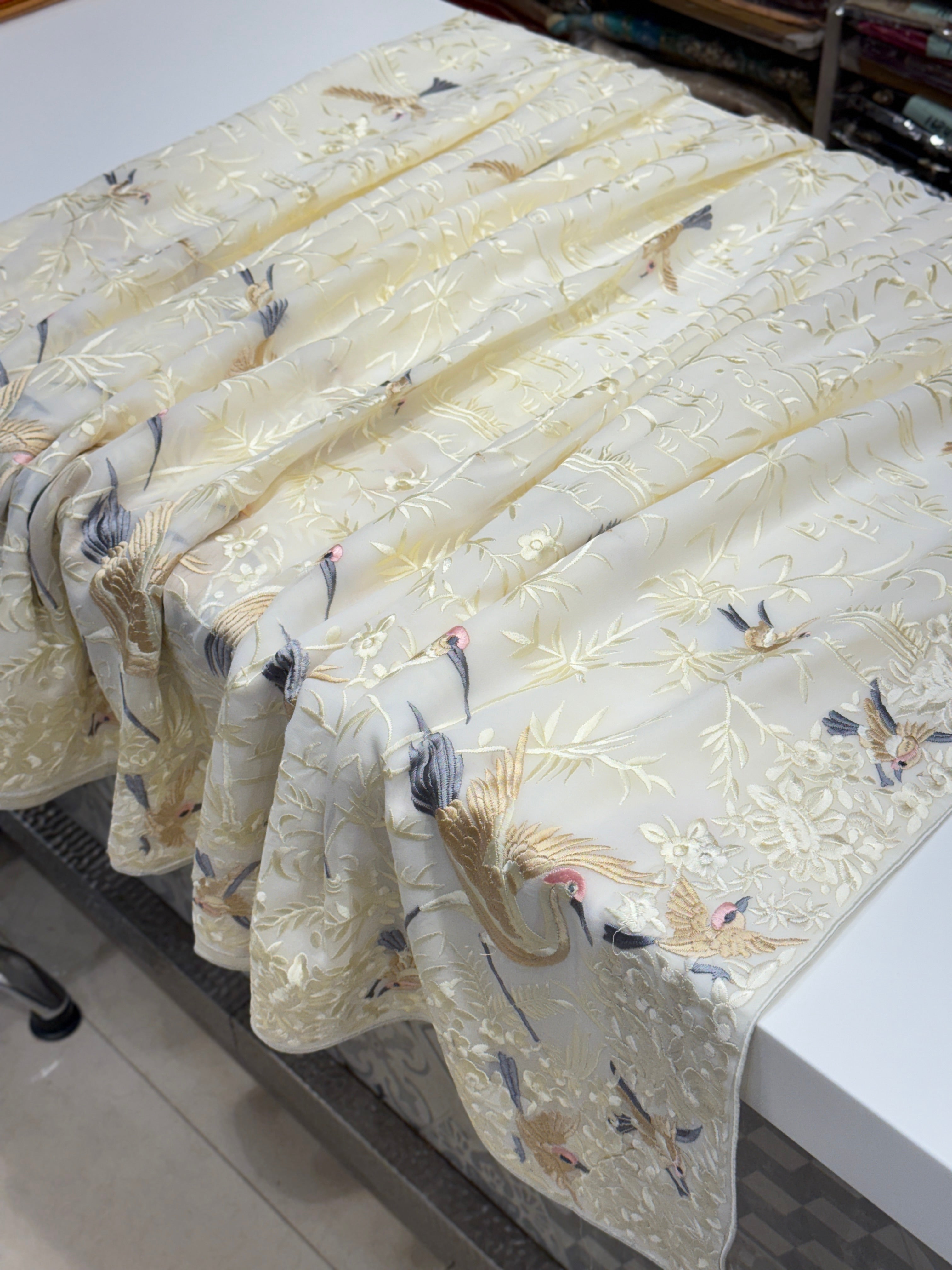 White Georgette Flying Flamingo Parsi Gara Saree