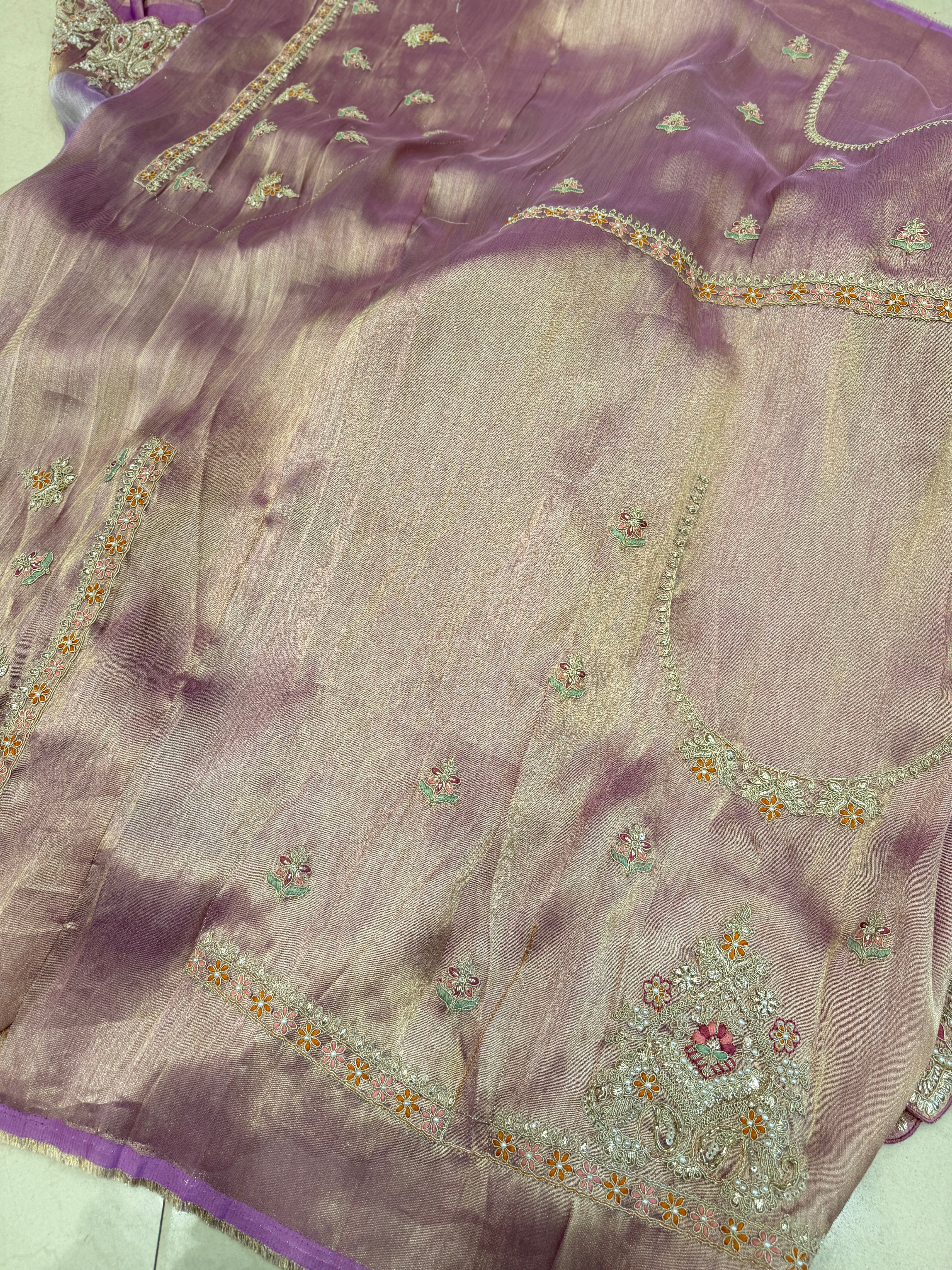 Lilac Crepe Tissue Zari Resham Embroidery SareeMoti