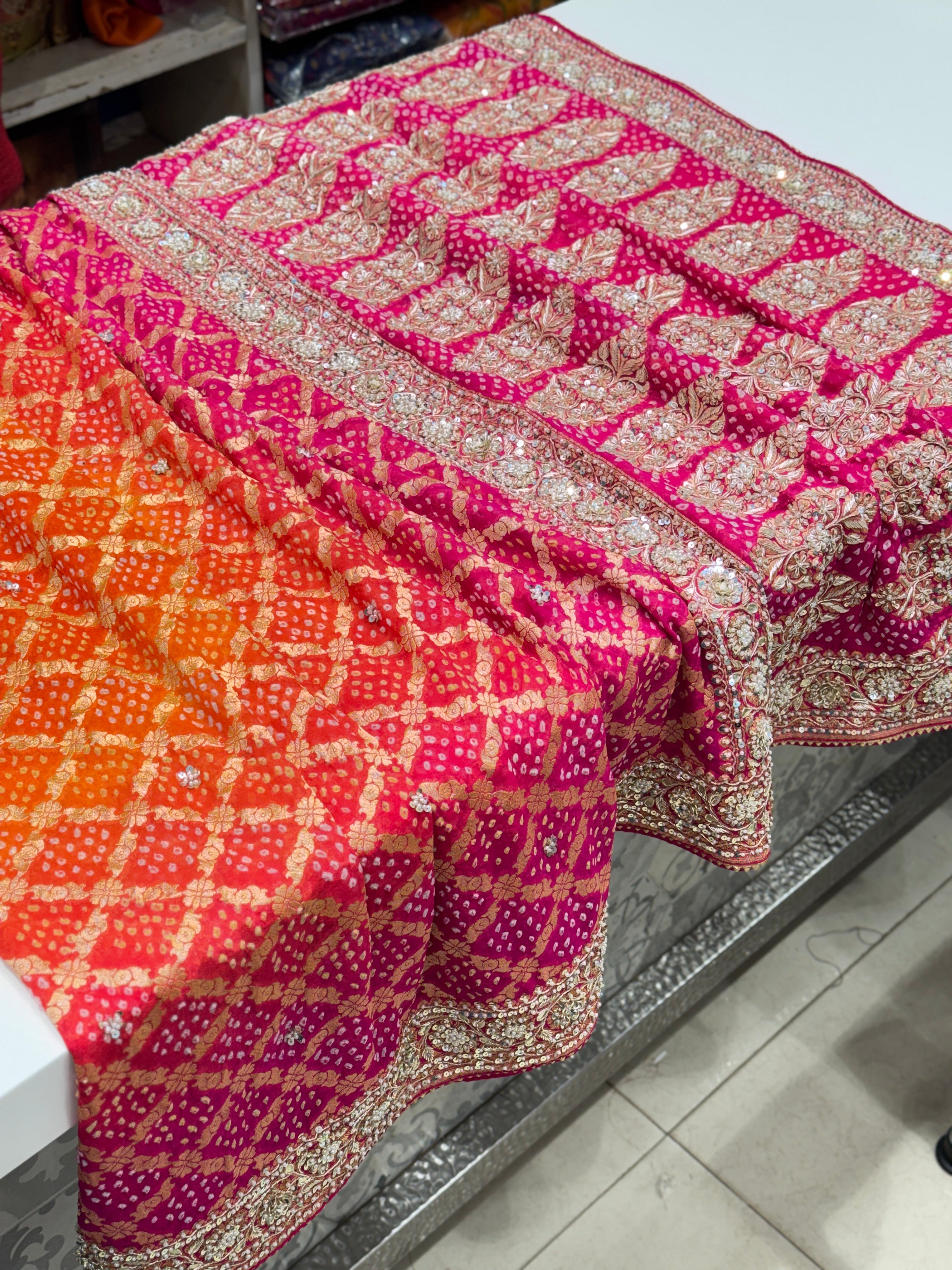 Orange Rani Shaded Bandhej Zardosi Embroidery Saree