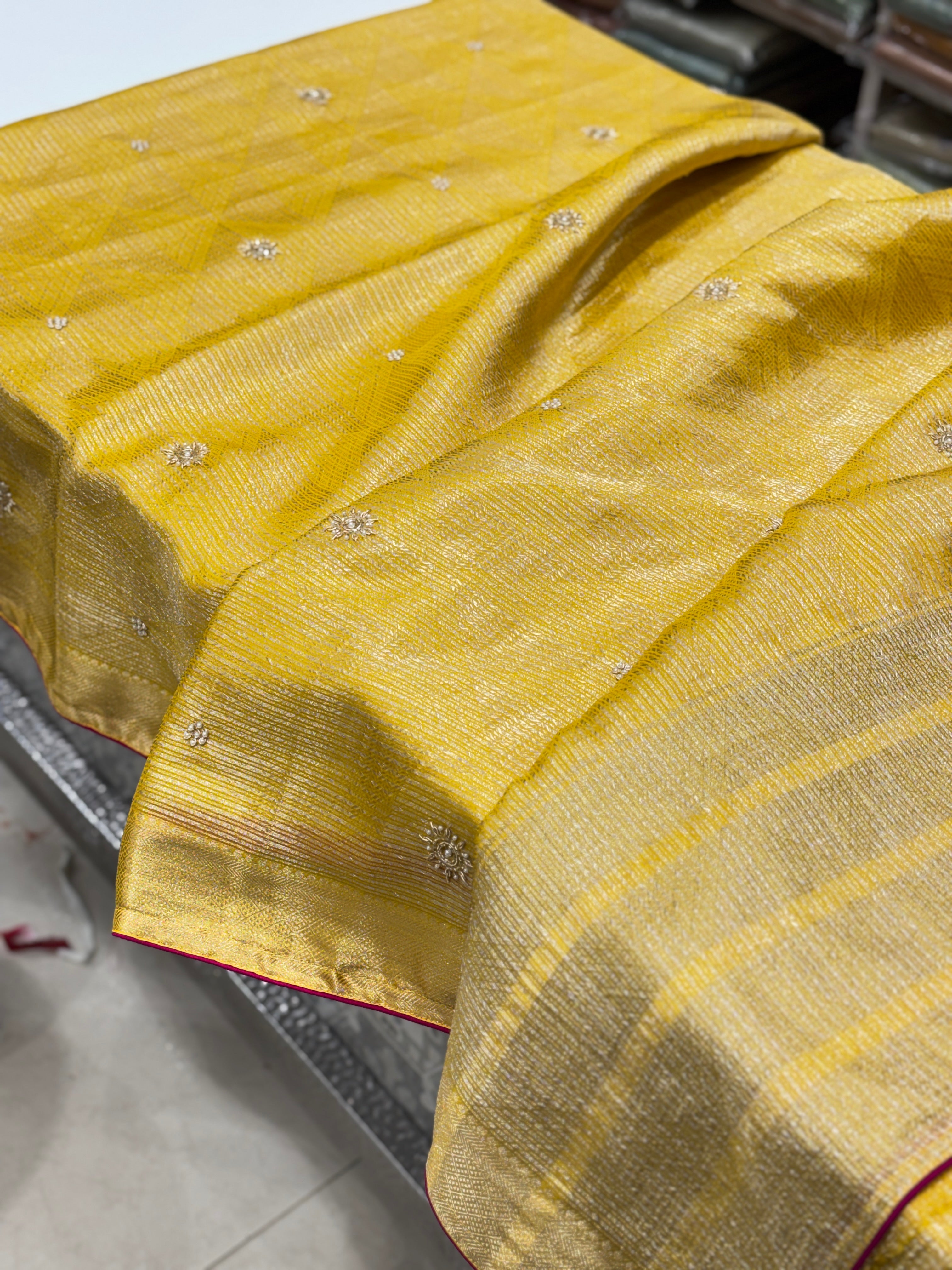 Yellow HO Silk Woven Sitara Buttis Saree With Contrast Rani Blouse