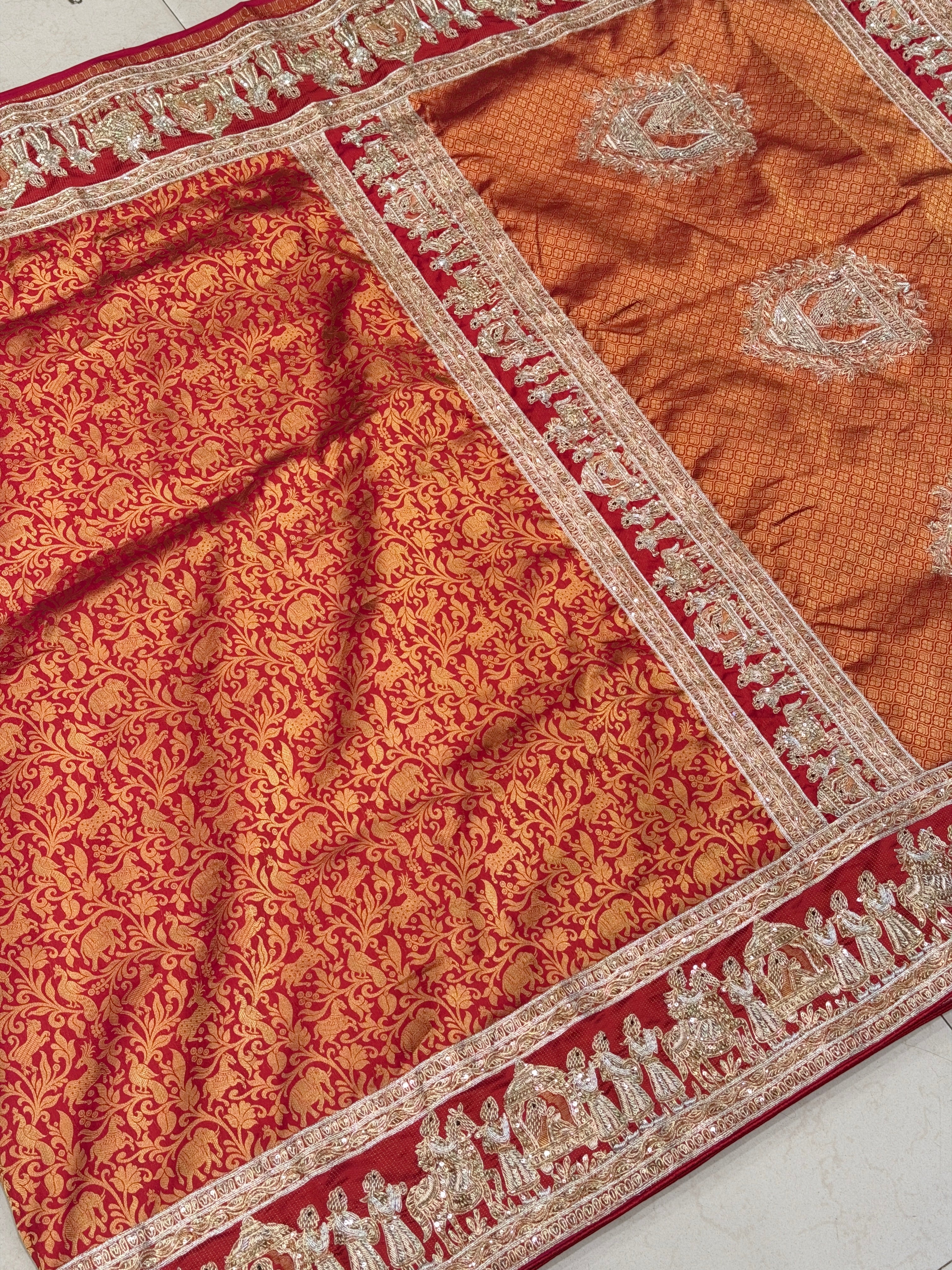 Red Silk Kanjivaram Zardozi Doli Hand Embroidery Saree