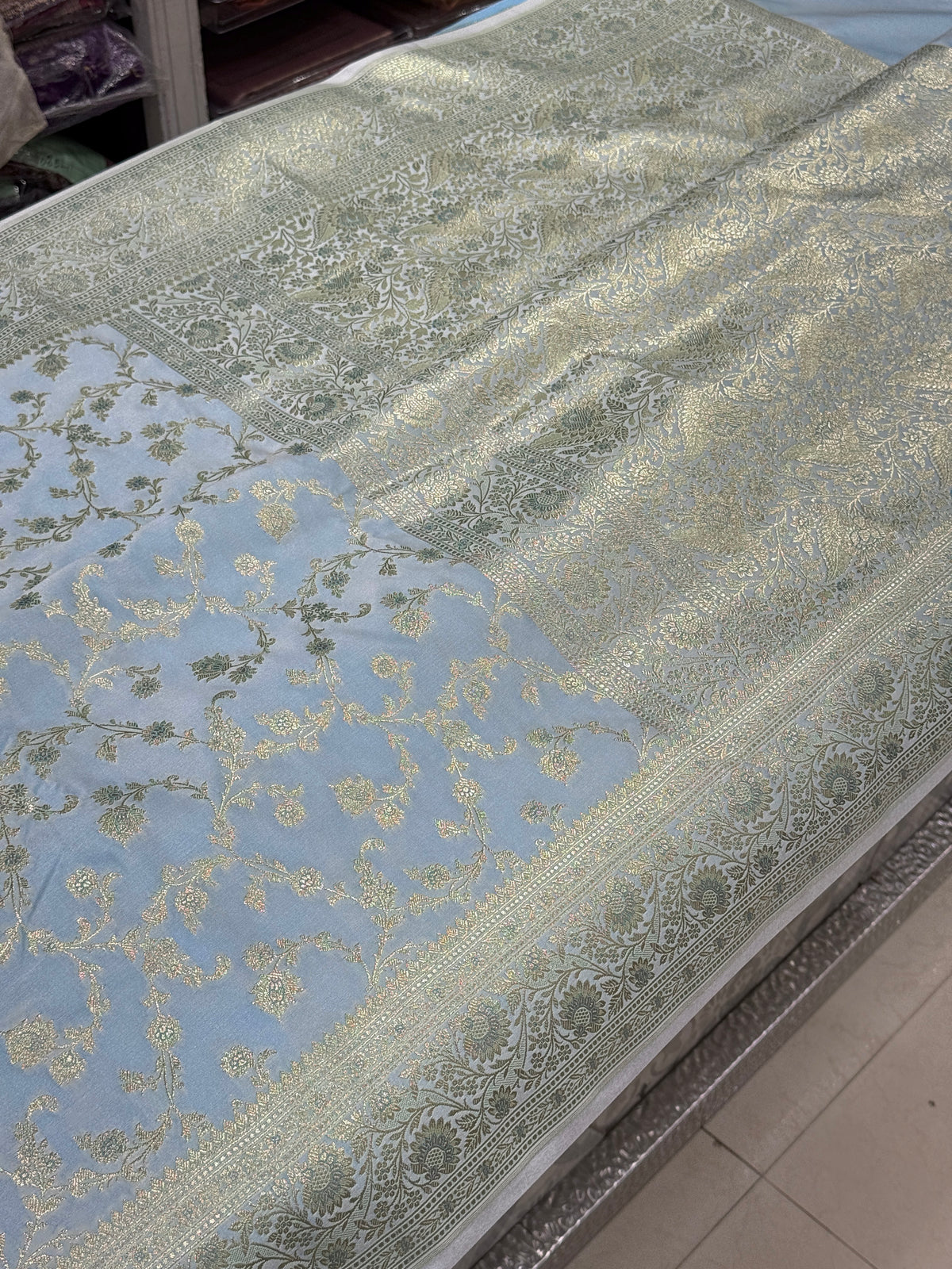 Light Blue Banarasi Silk Upside Down Border Saree