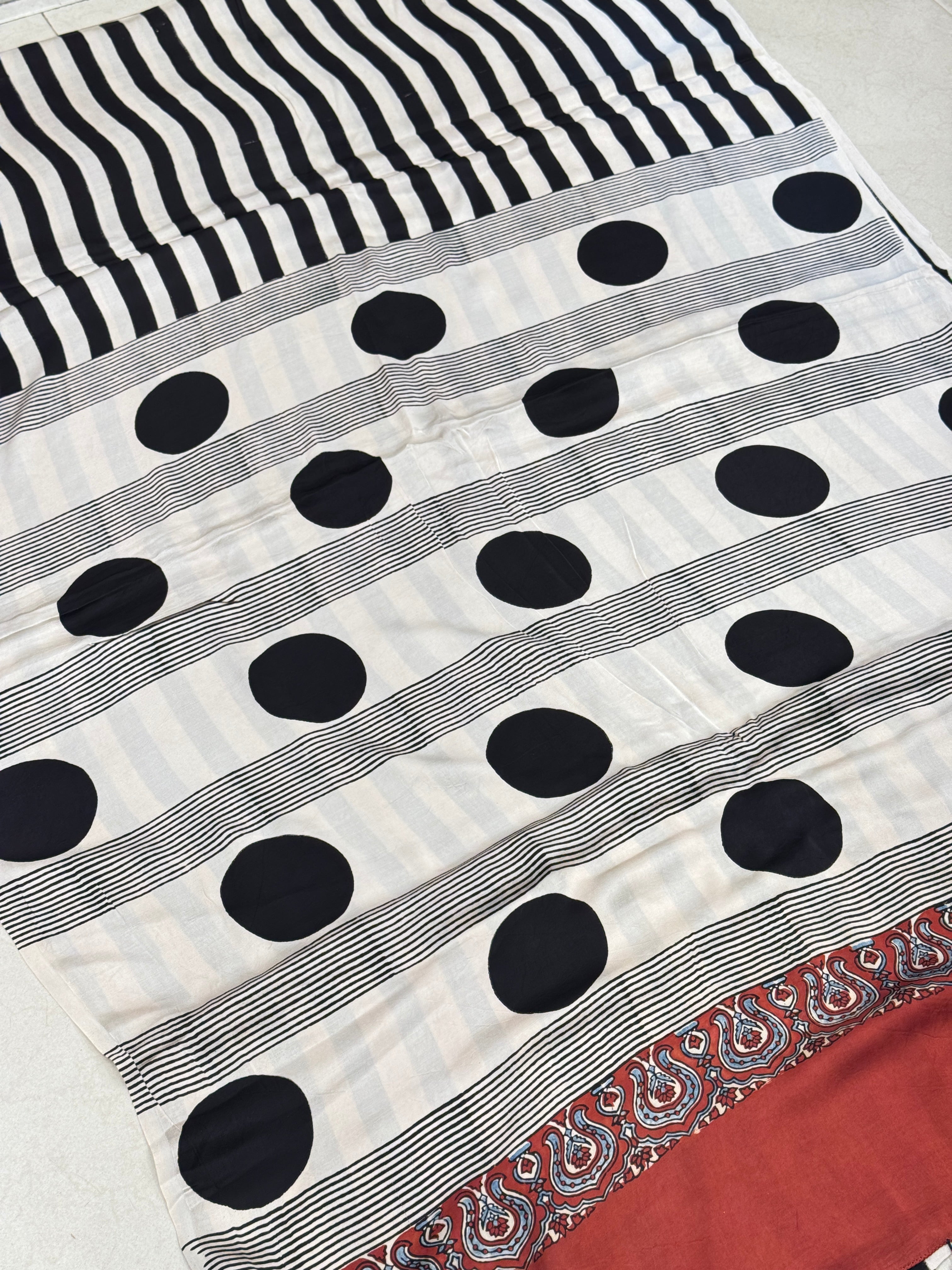 Black and White Contemporary Ajrakh Hand Block Print Pure Gajji Silk Saree