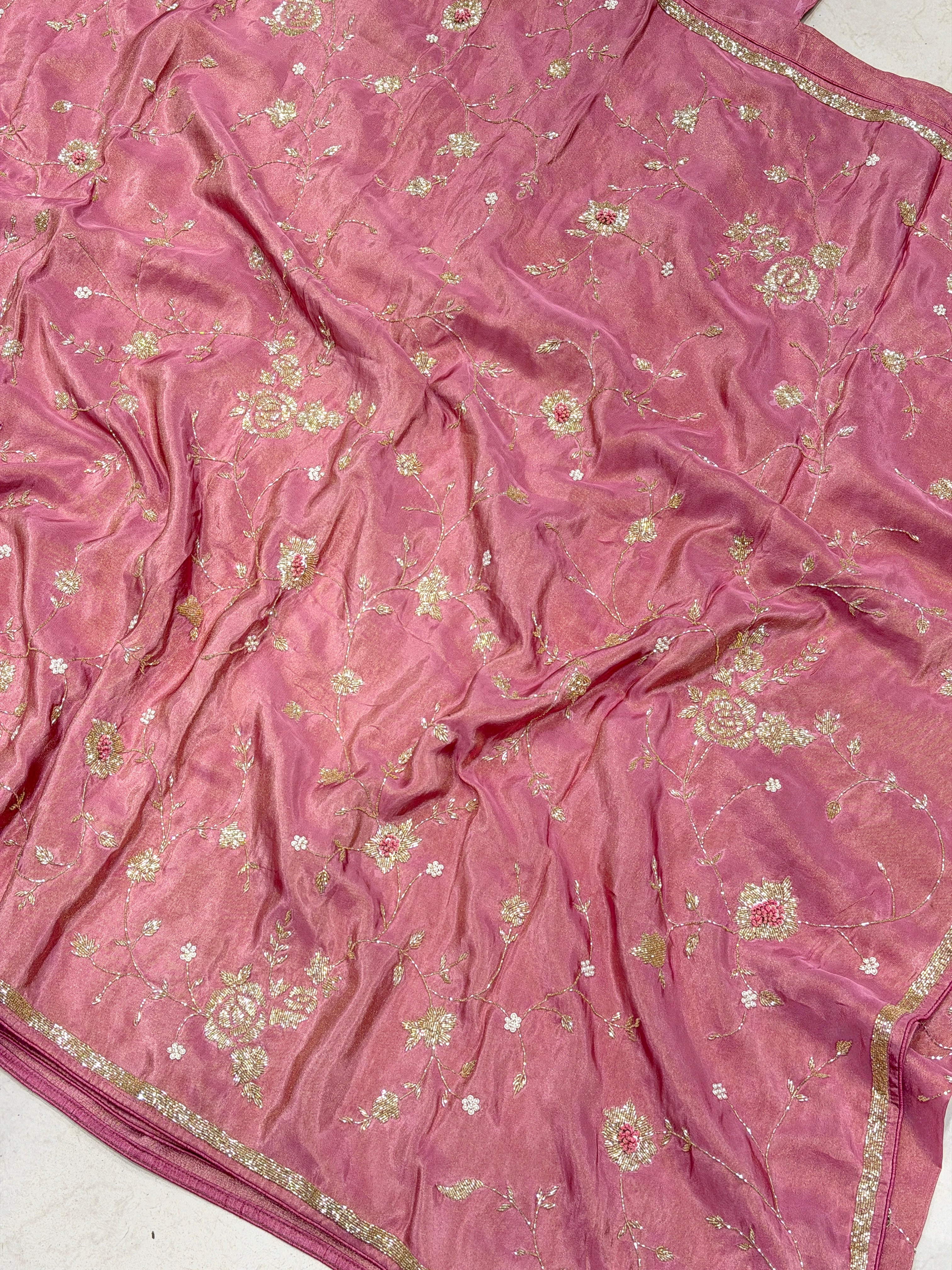 Pink Crepe Tissue Cutdana Knot Hand Embroidery Jaal Saree
