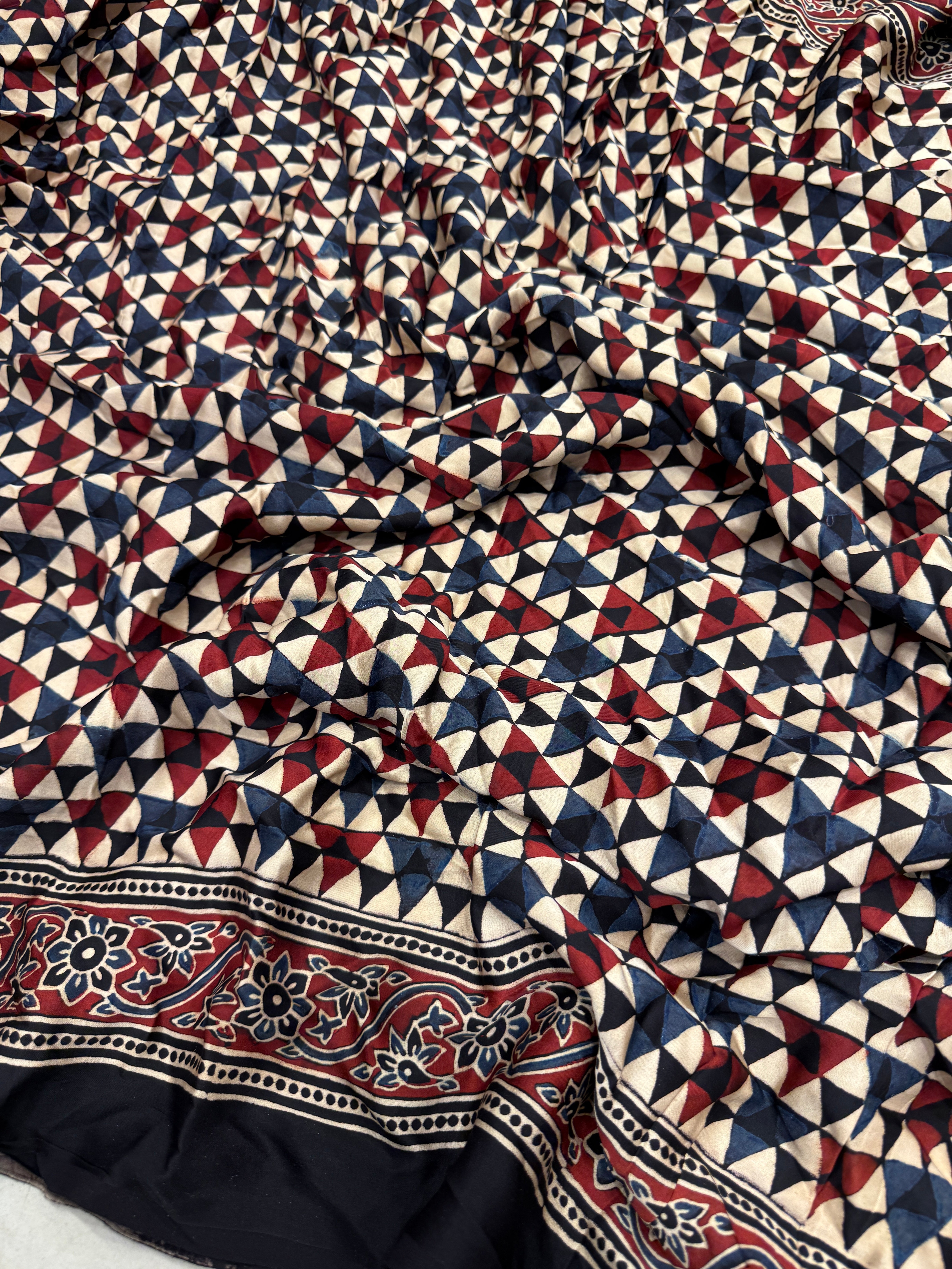 White Triangles Hand Block Print Ajrkah Pure Gajji Silk Saree