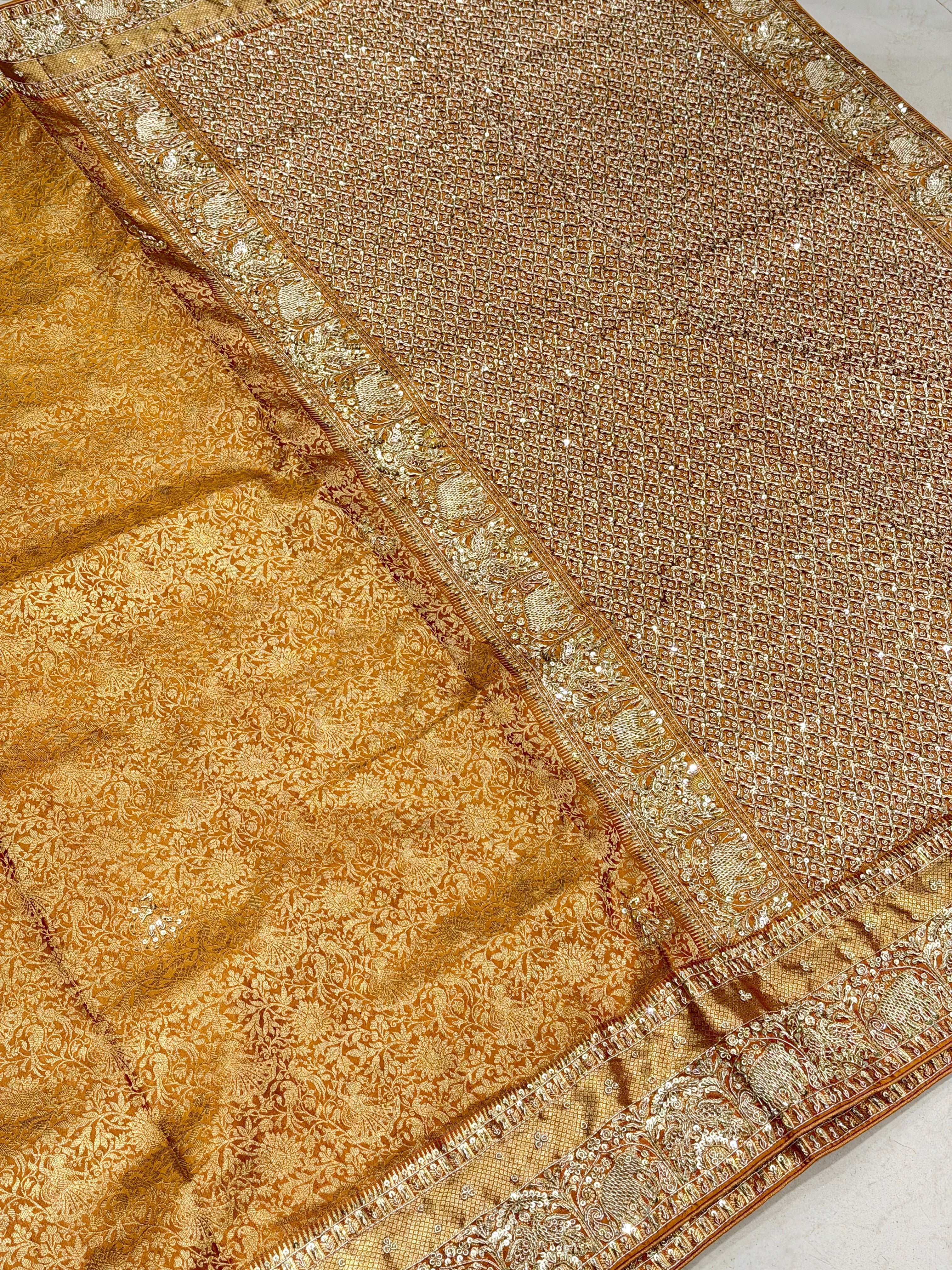 Mustard Yellow Kanjivaram Peacock Motif Hand Embroidery Zardosi Saree