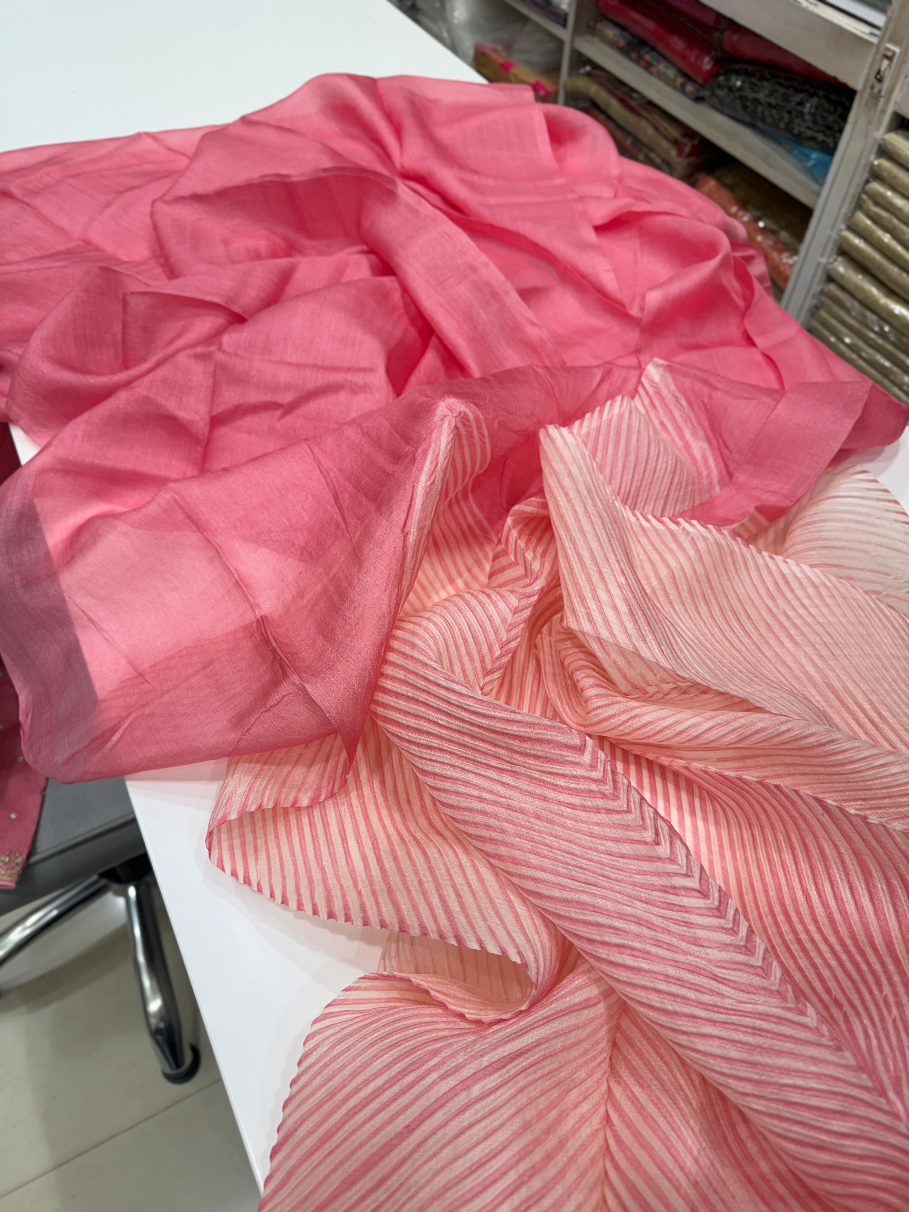 Pink Crushed Tussor with Ready Blouse Saree