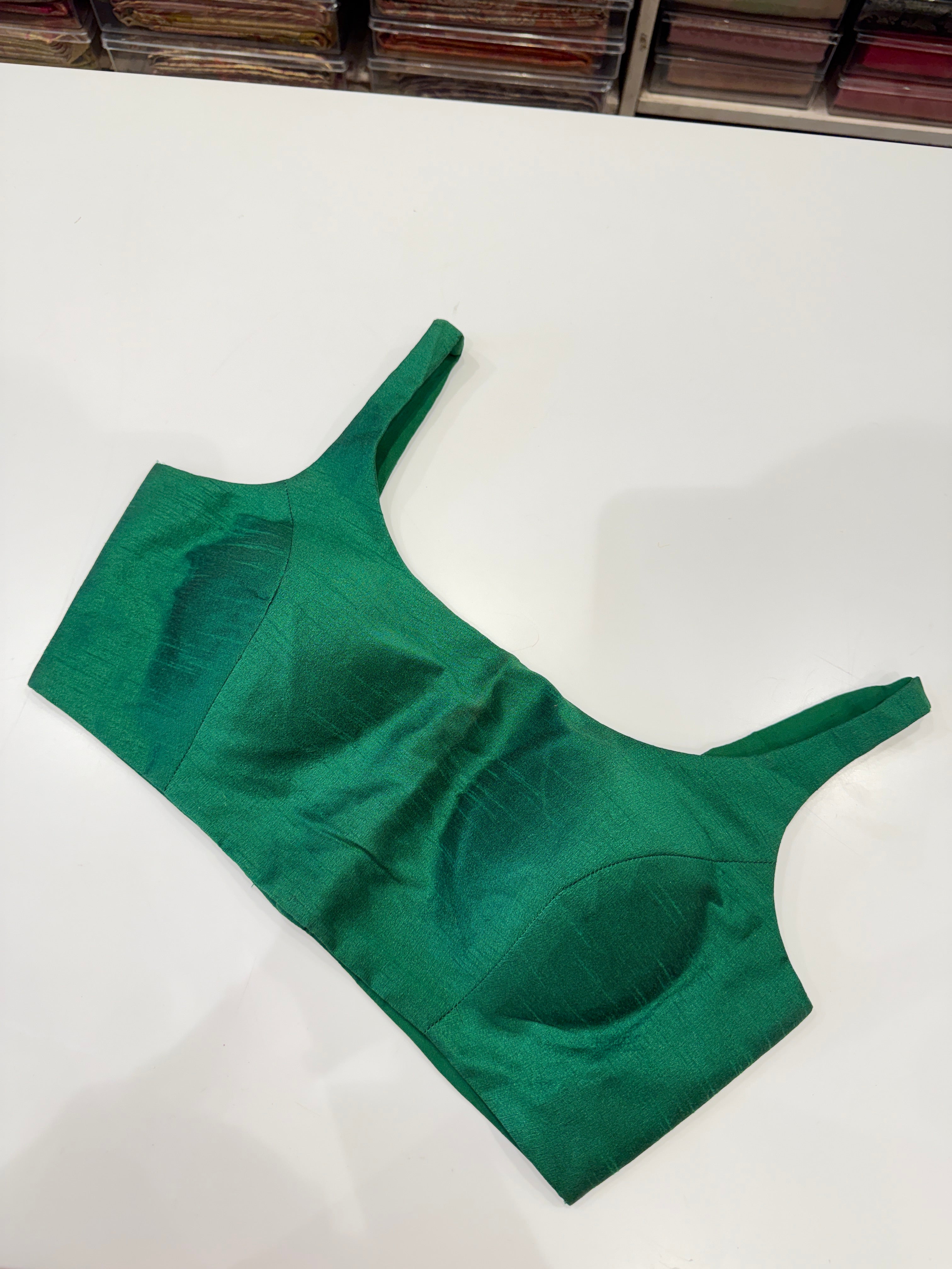 Forest Green Raw Silk Sleeveless Ready Blouse