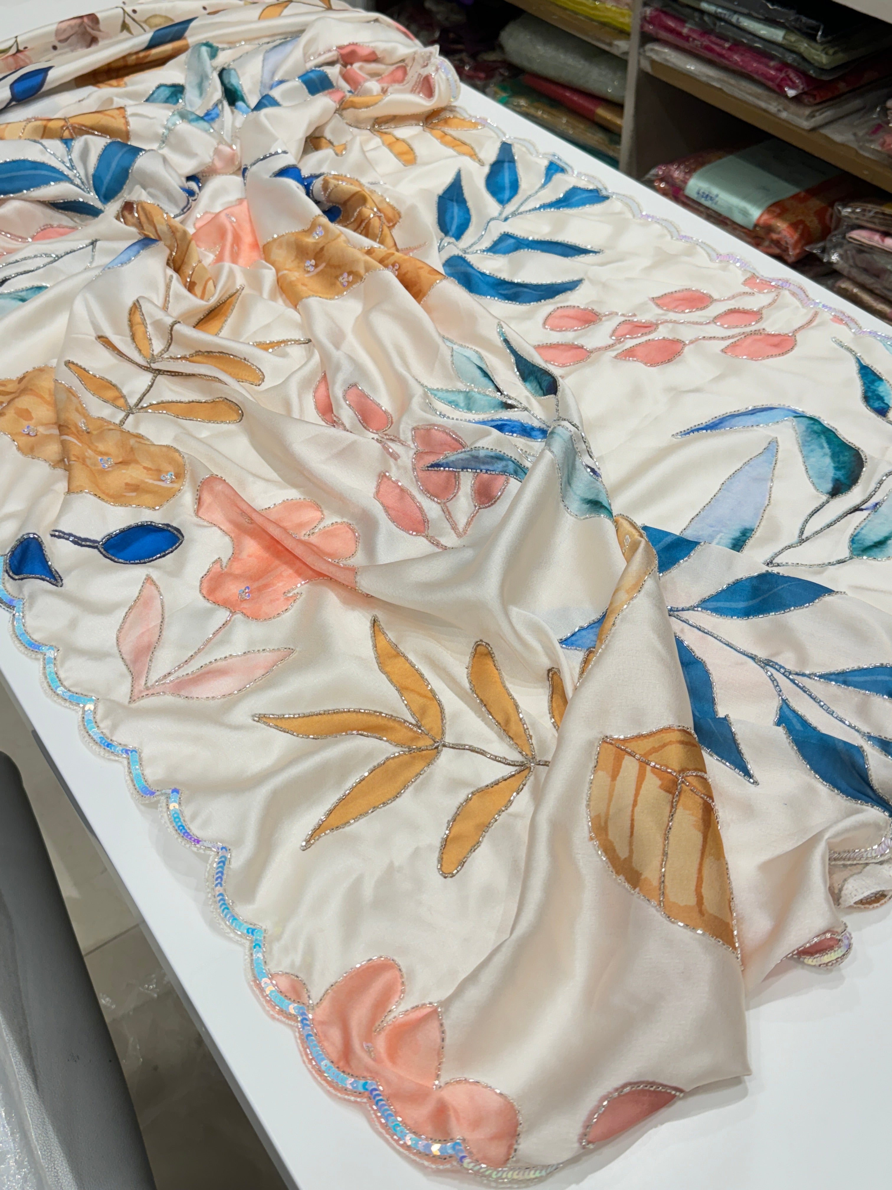 Japanese Floral Satin Hand Embroidery Saree