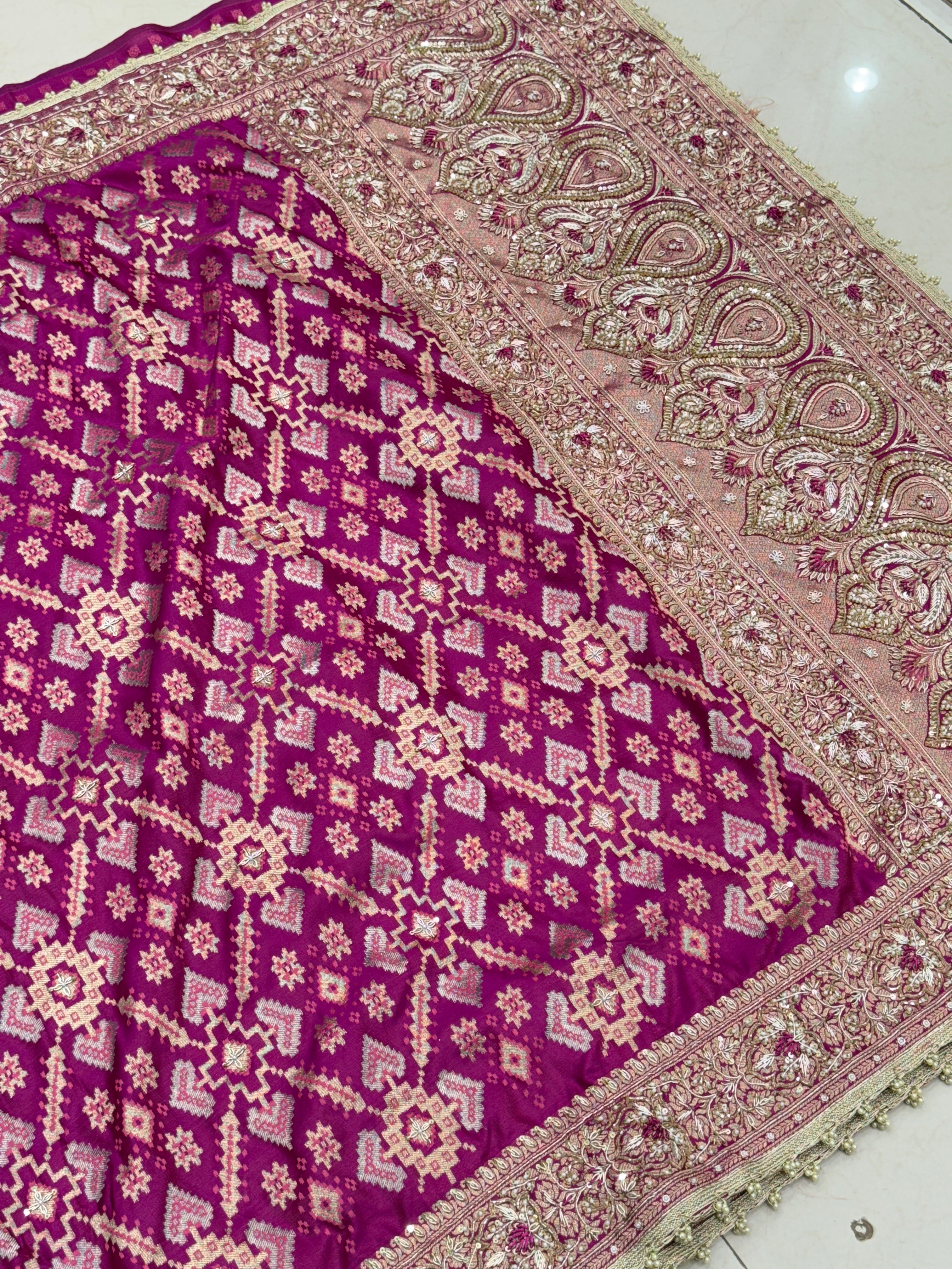 Wine Banarasi Patola Zardosi Knot Embroidery Saree