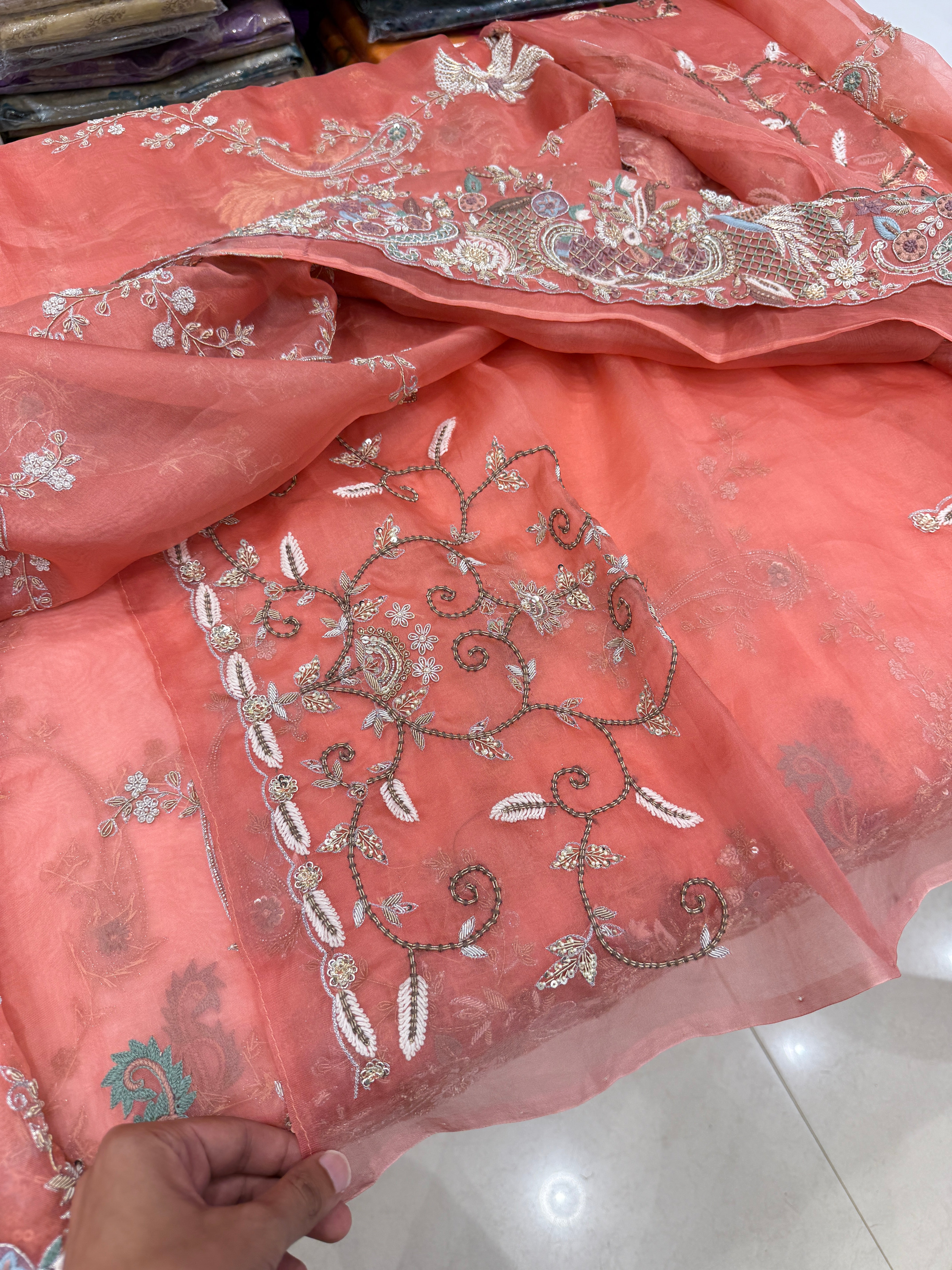 Peach Organza Zardosi Jaal Hand Embroidery Saree