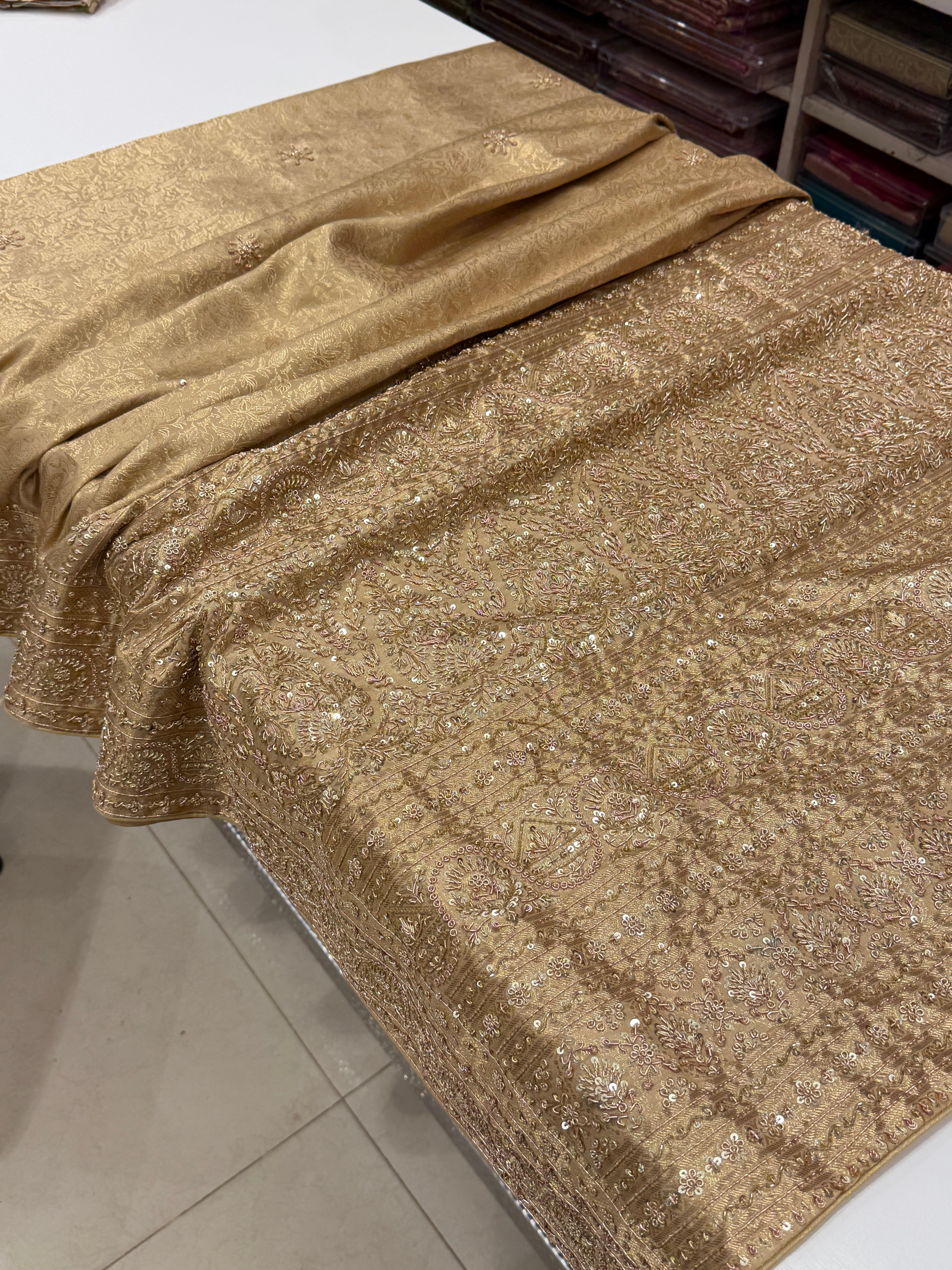 Beige Gold Kanjivaram Zardosi Hand Embroidery Saree