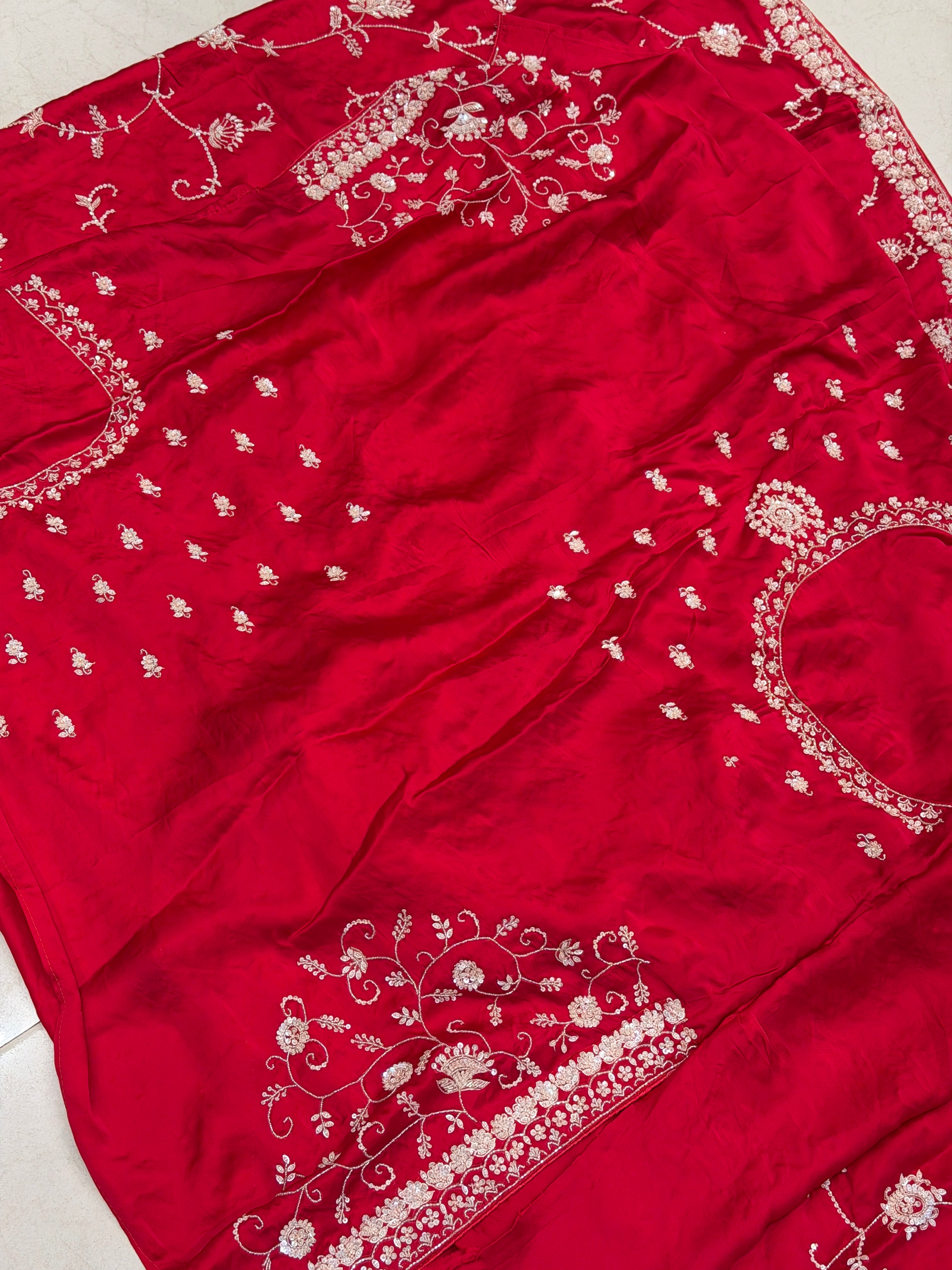 Red Satin Silk Moti Sequin Jaal Hand Embroidery Saree