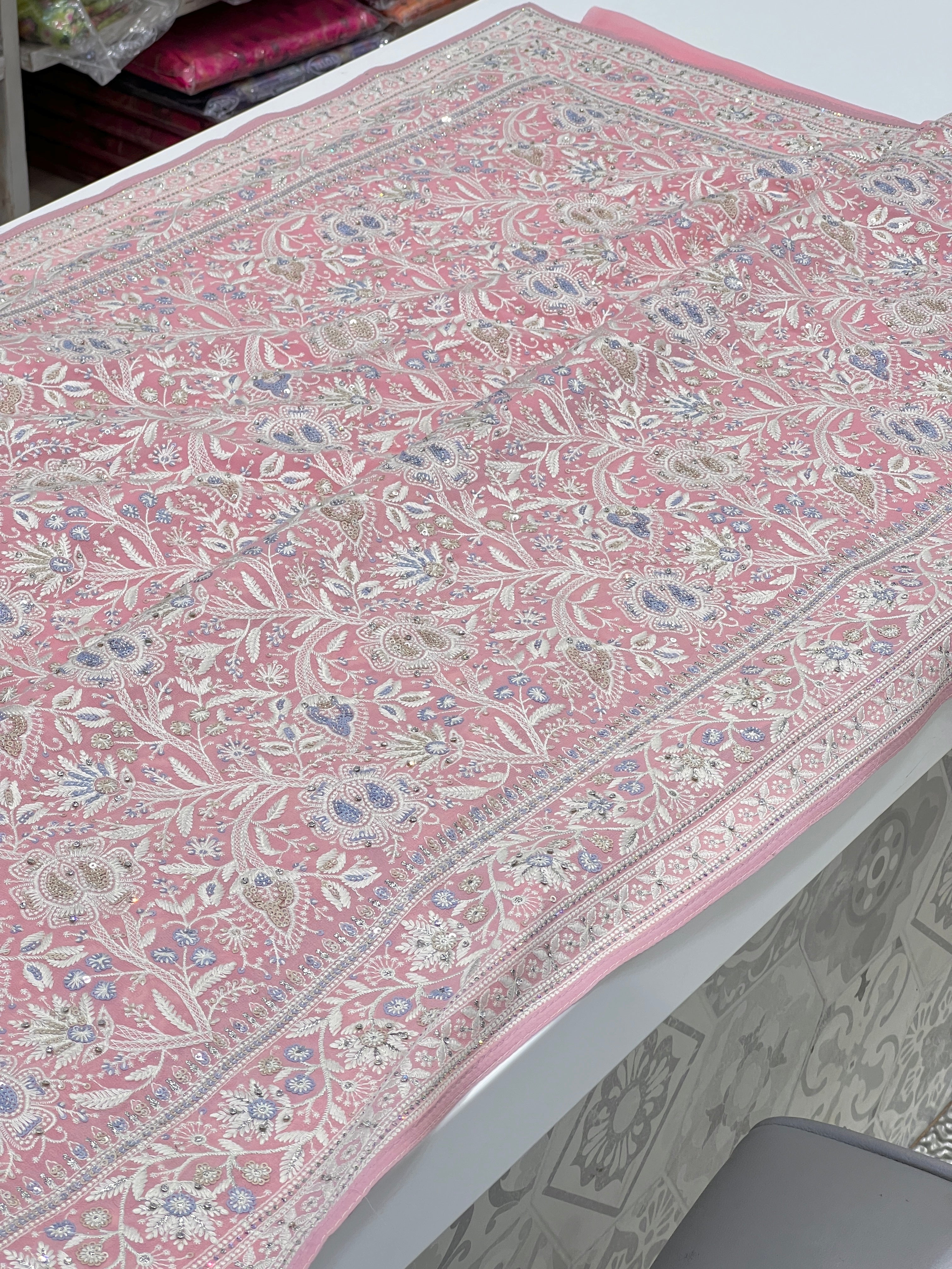 Pink Chikankari Saree Floral Design