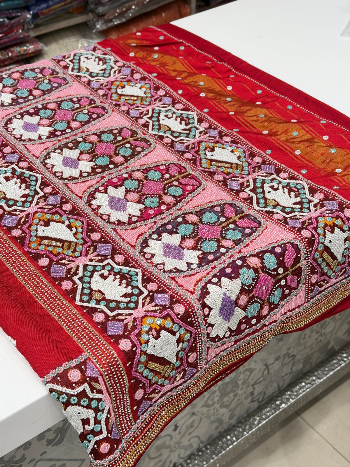 Red Pure Silk Patan Patola Hand Embroidery Kidiya Moti Saree