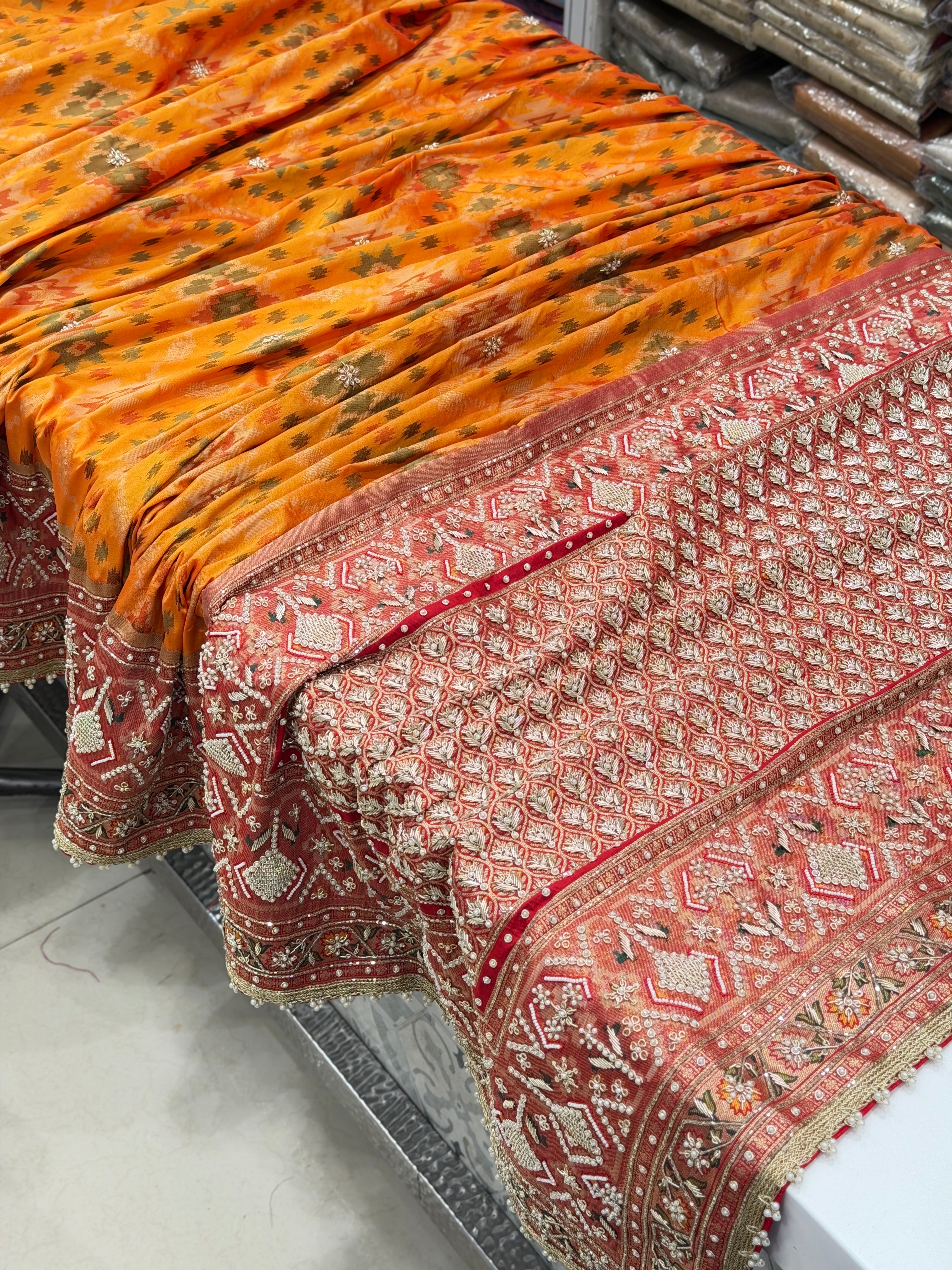 Orange Banarasi Patola Zardosi Hand Embroidery Moti Work Saree
