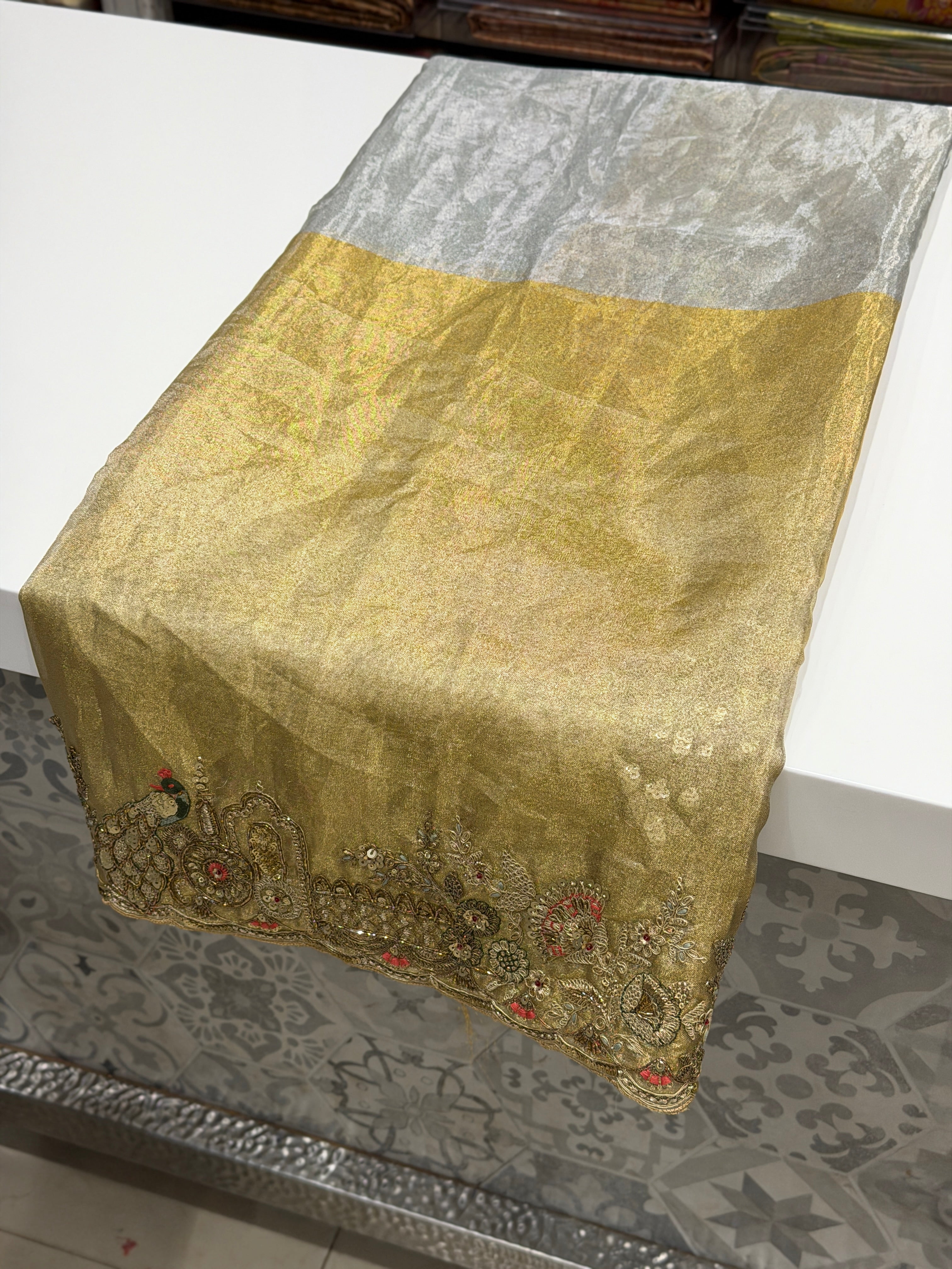 Tissue Silver Golden Embroidery Saree