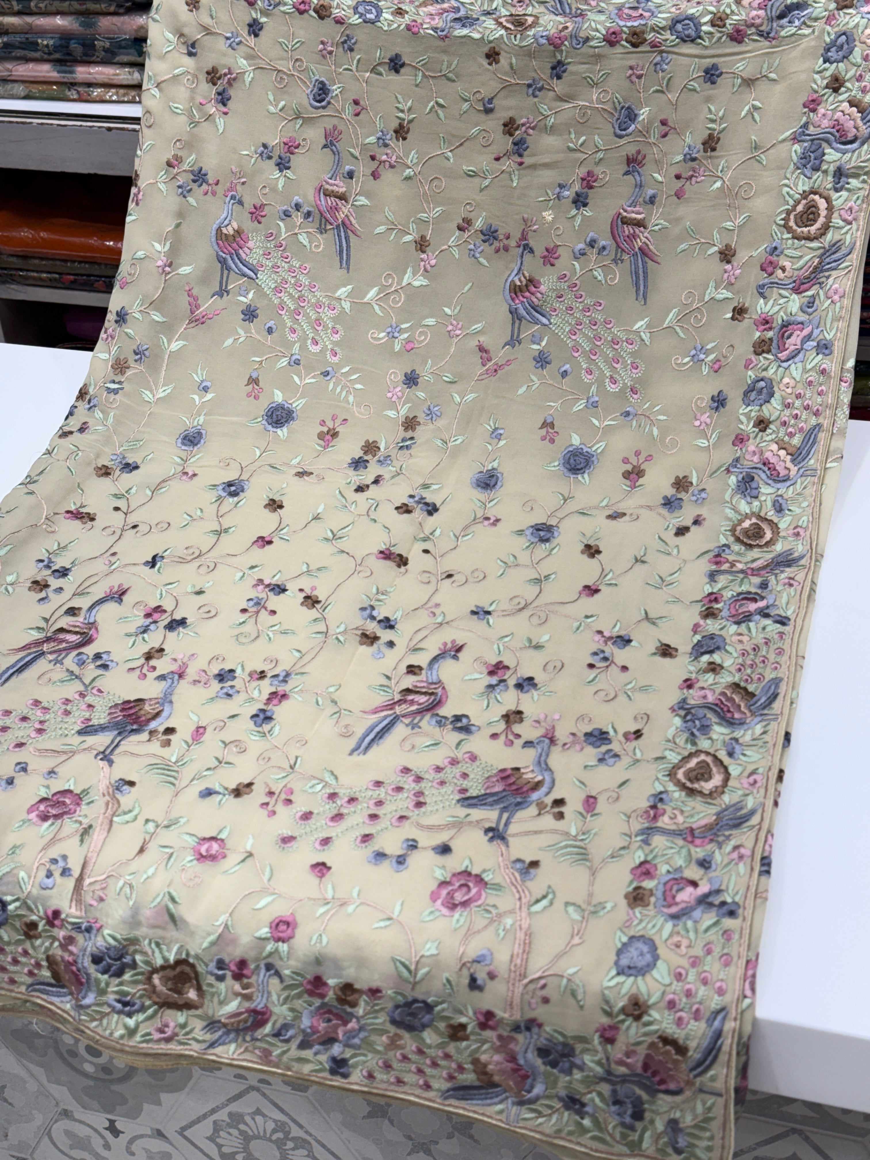 Beige Georgette Parsi Gara Peacock Design Saree