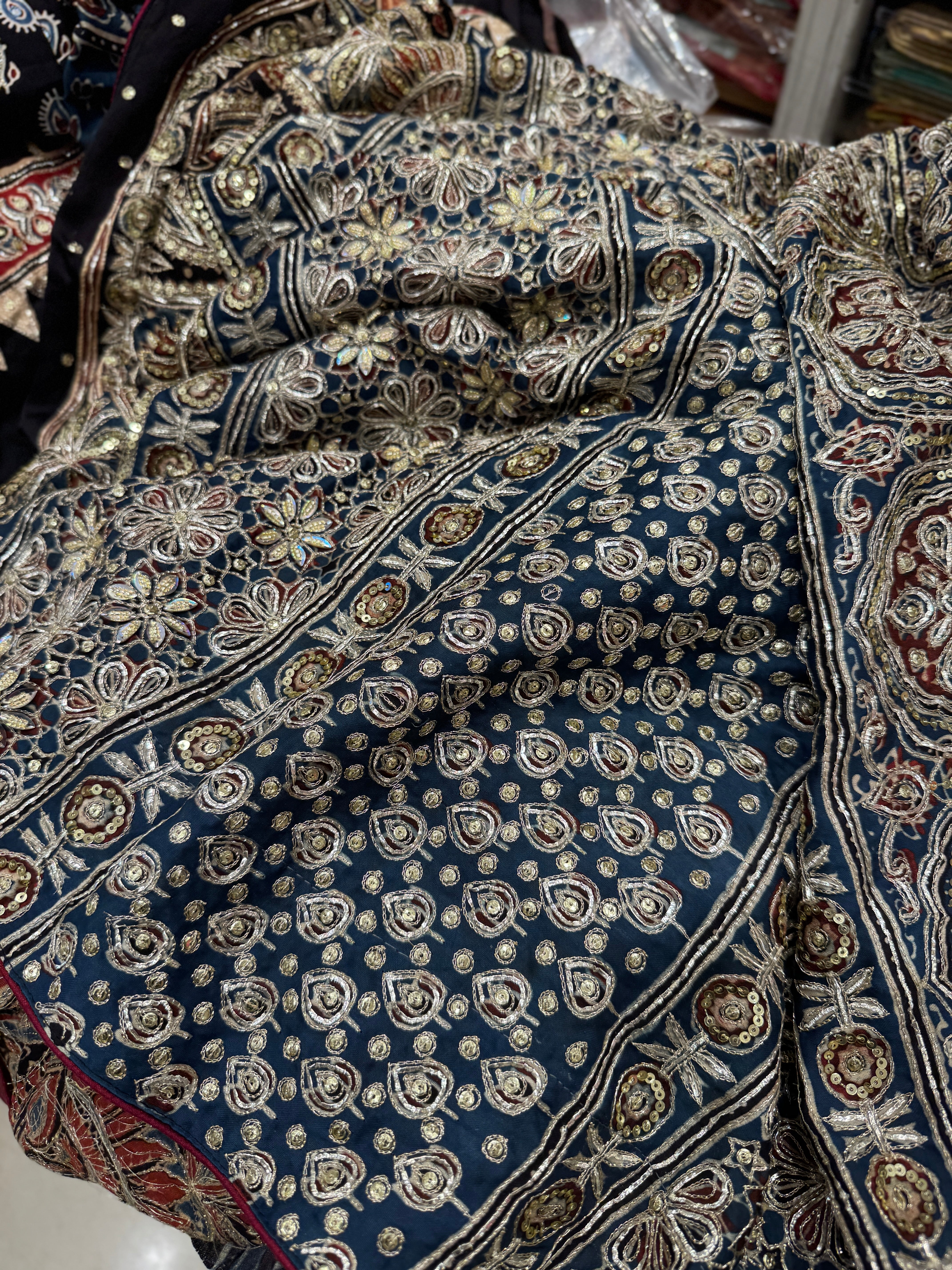 Black Keri Jaal Ajrakh Blue Pallu Hand Embroidery Zardosi and Pita Work