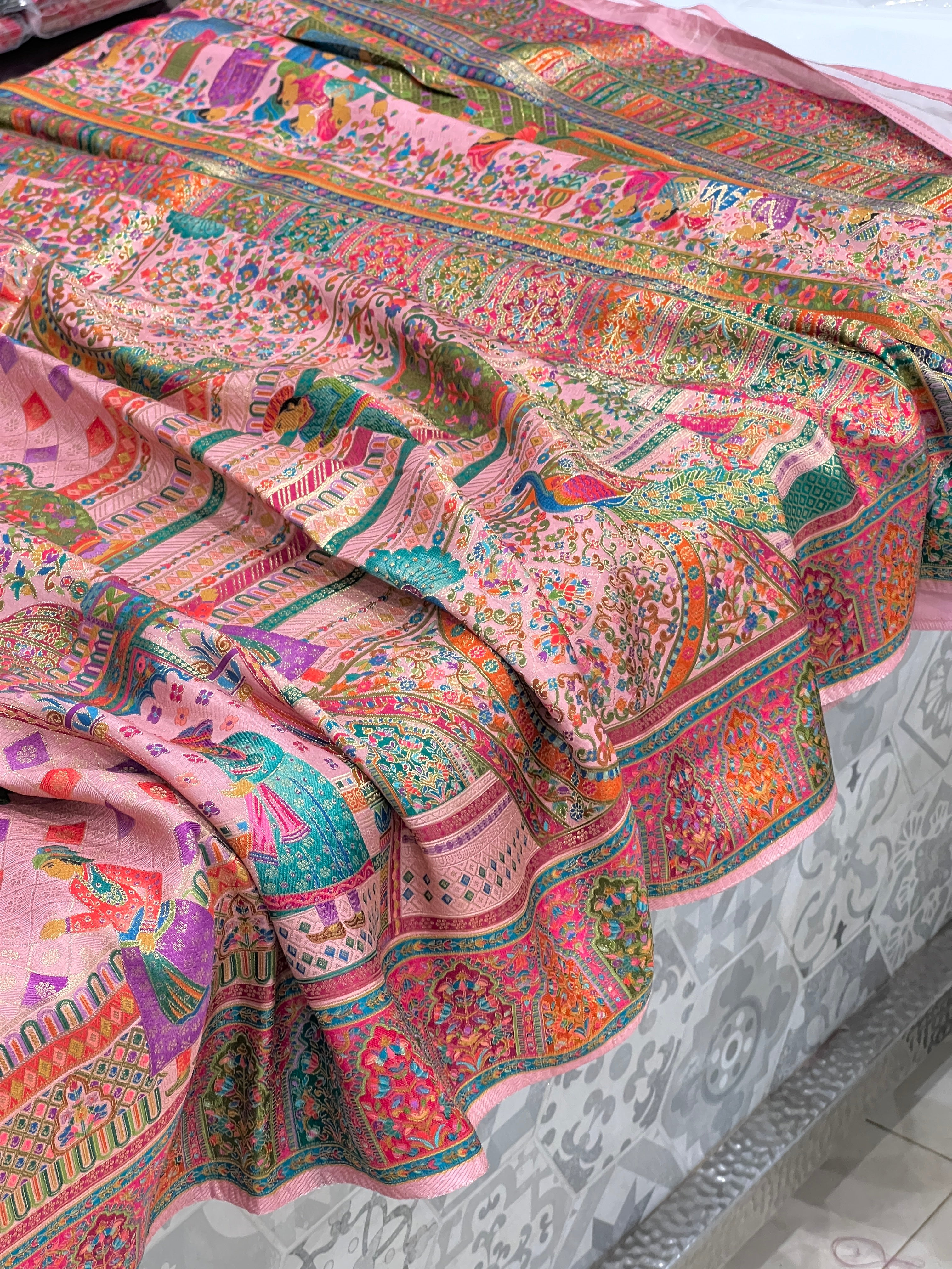 Baby Pink Pashmina Style Darbar Silk Saree