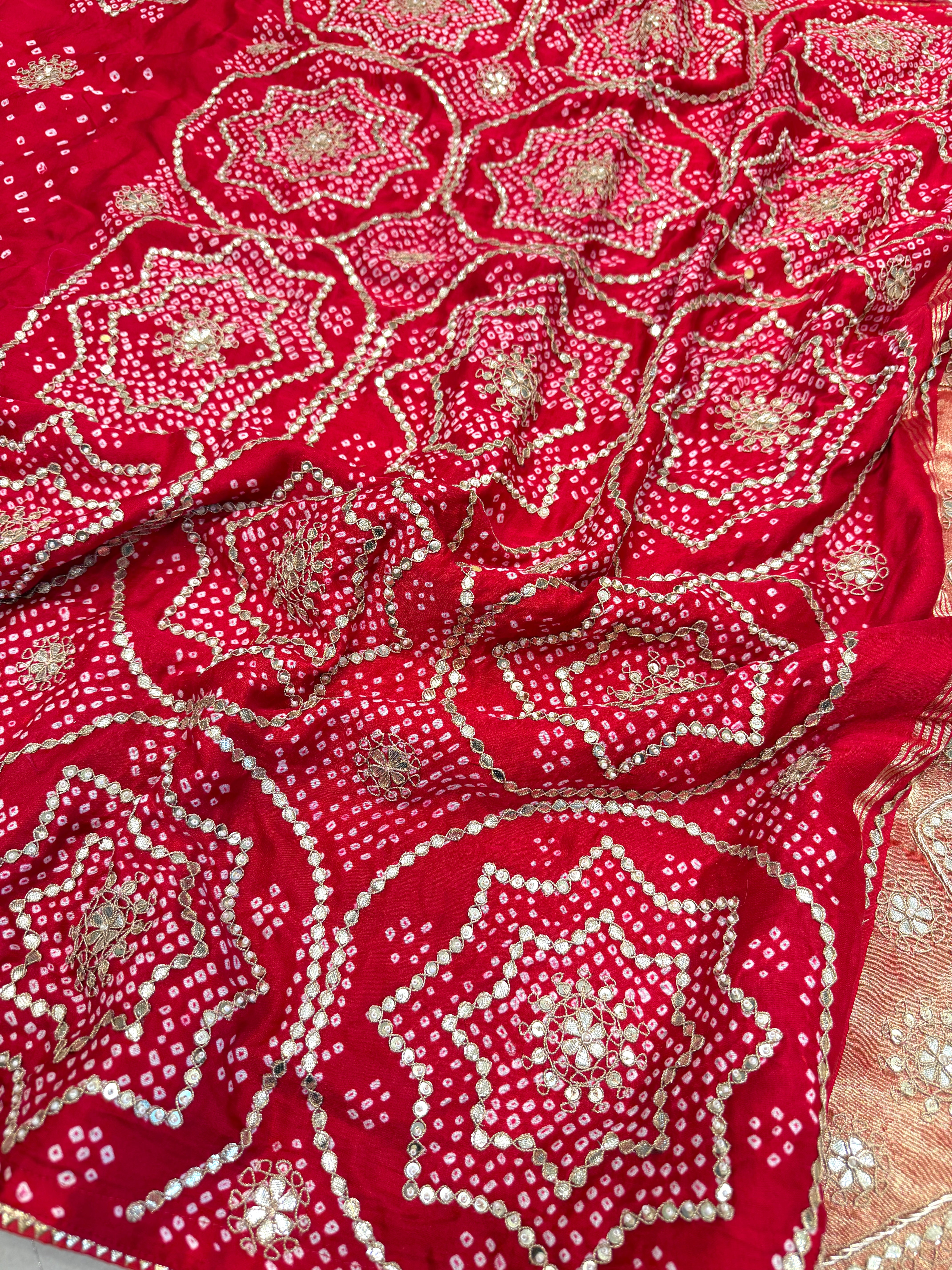 Red Gajji Silk Rai Bandhej Marodi Hand Embroidery Dabka Saree
