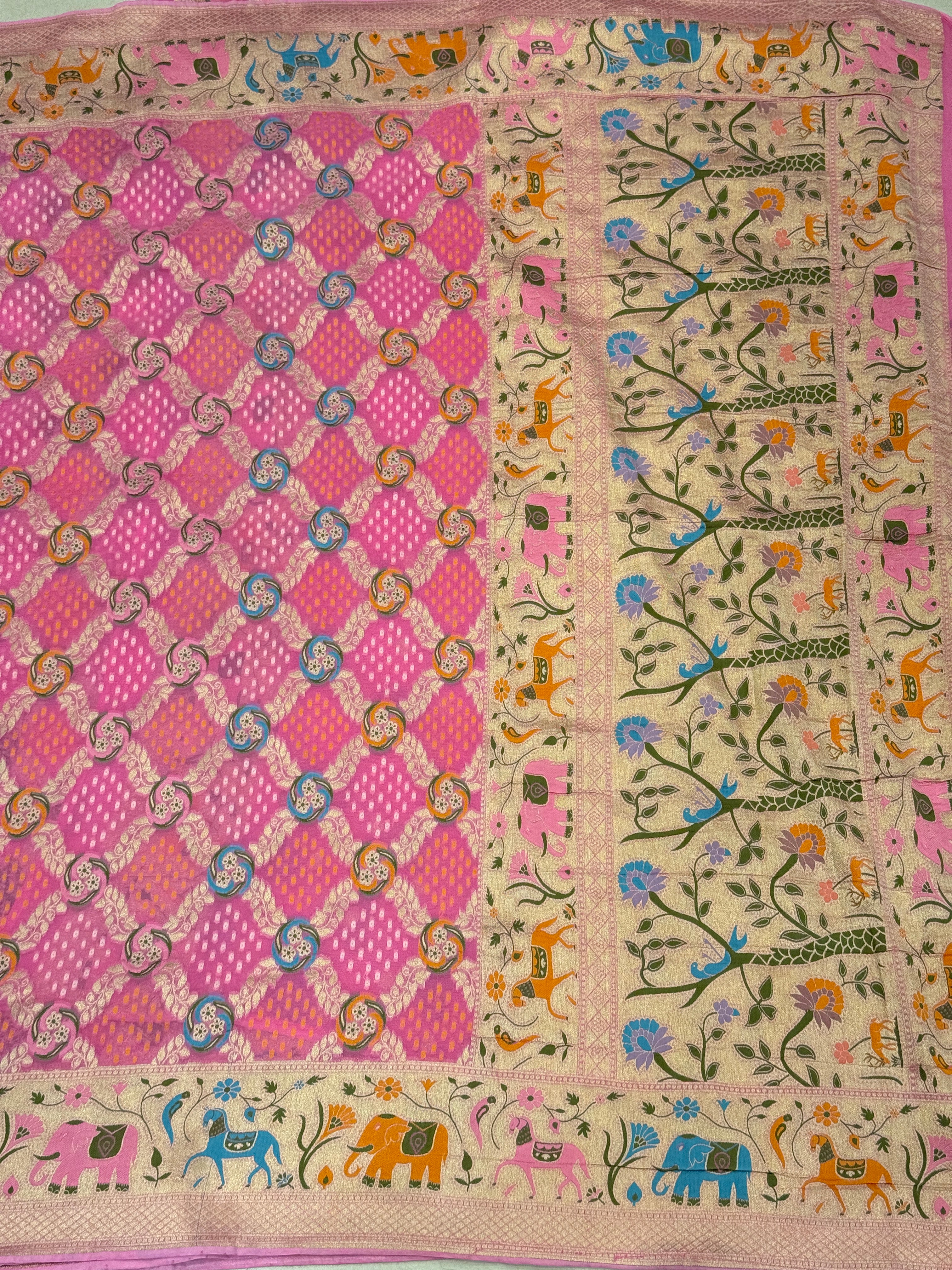 Pink Meenkari Asvah Hastin Border Woven Bandhej Saree