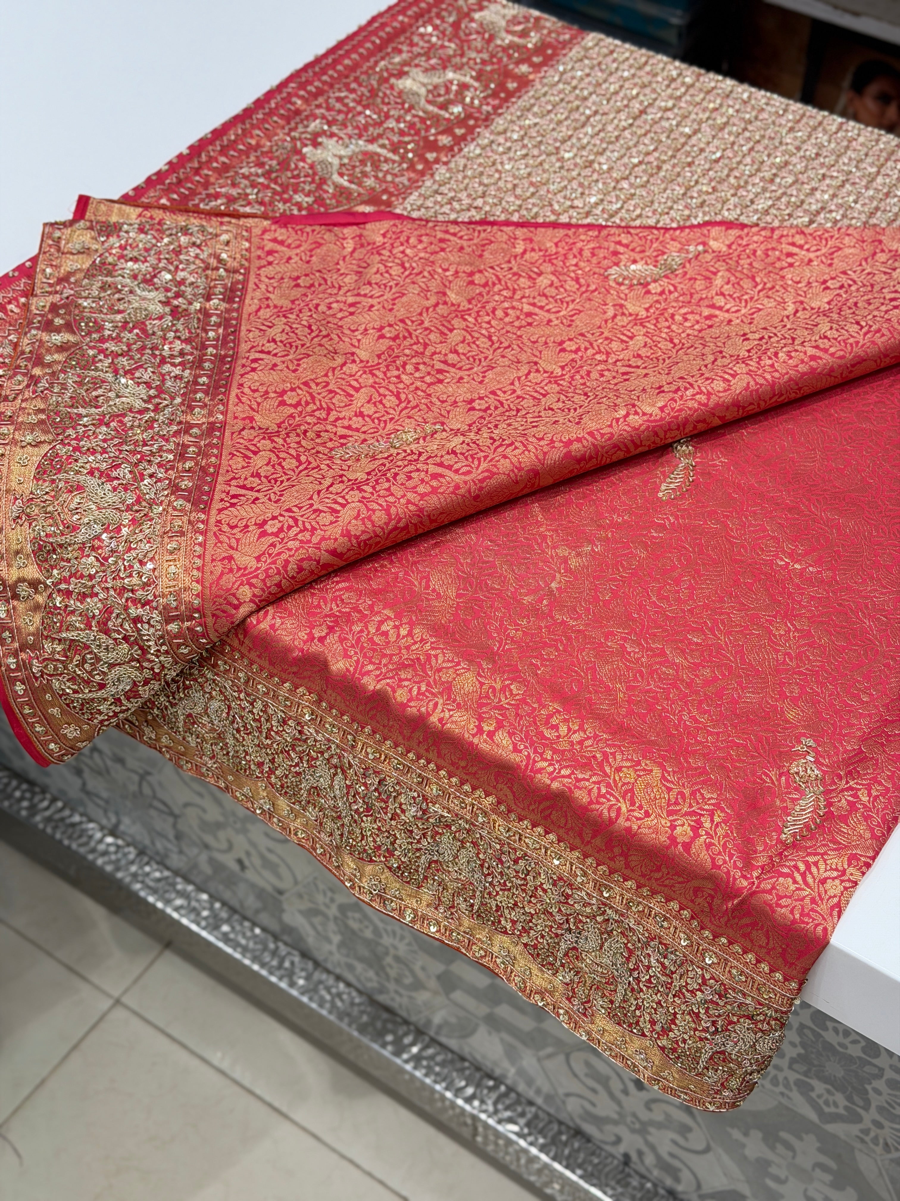 Crimson Kanjivaram Parrot Motif Hand Embroidery Zardosi Saree