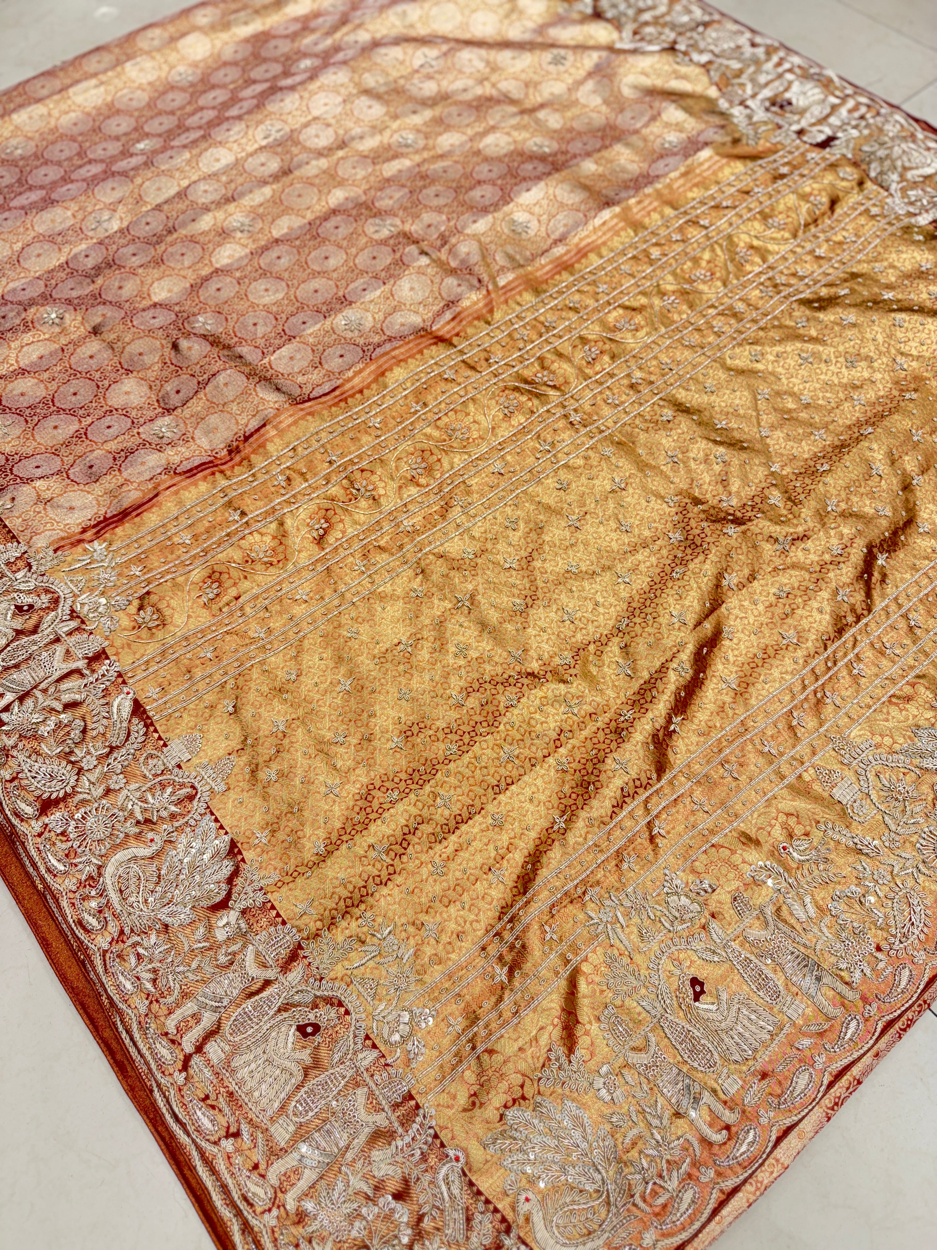 Red Tissue Kanjivaram Zardosi Doli Hand Embroidery Saree