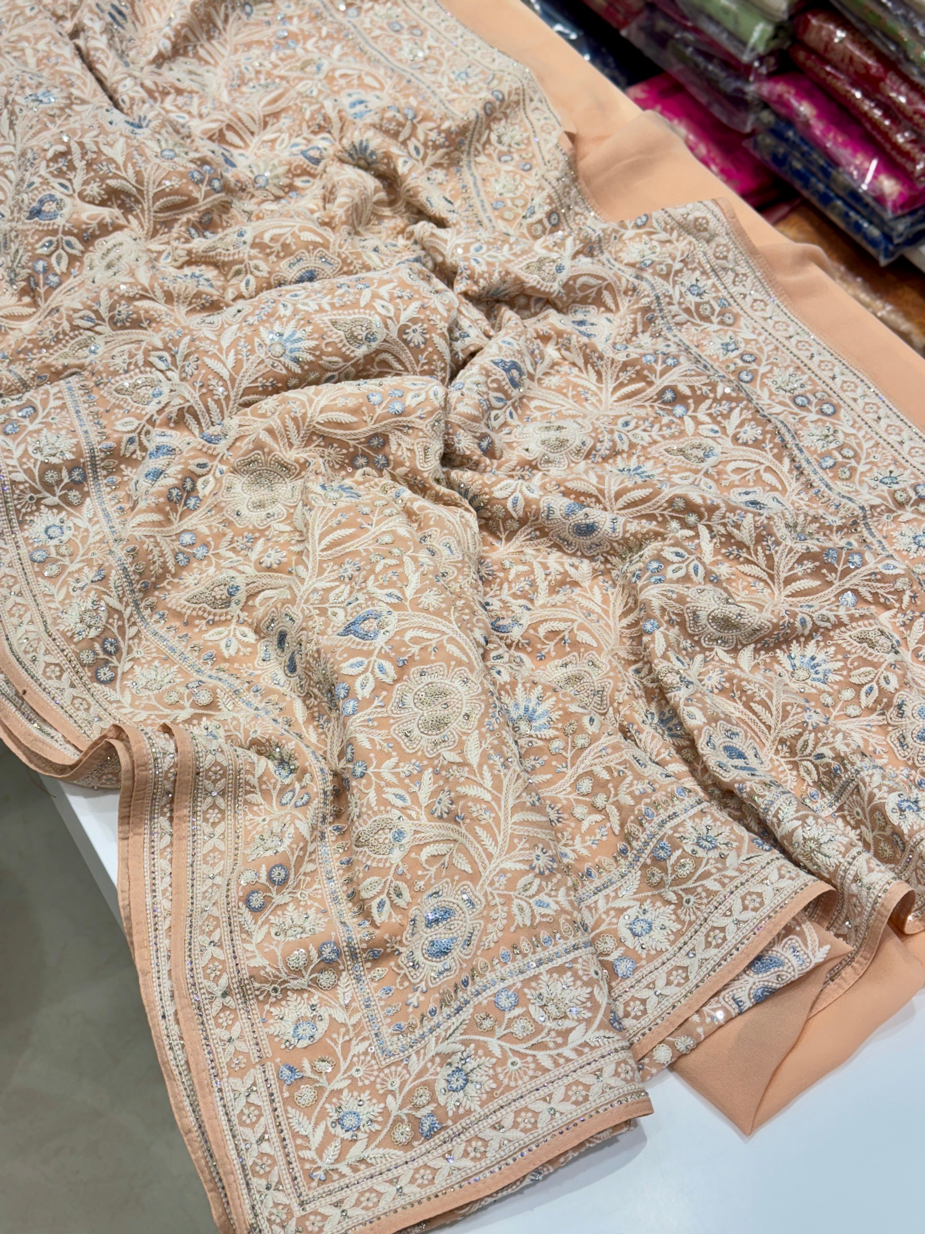 Light Peach Chikankari Saree Floral Design