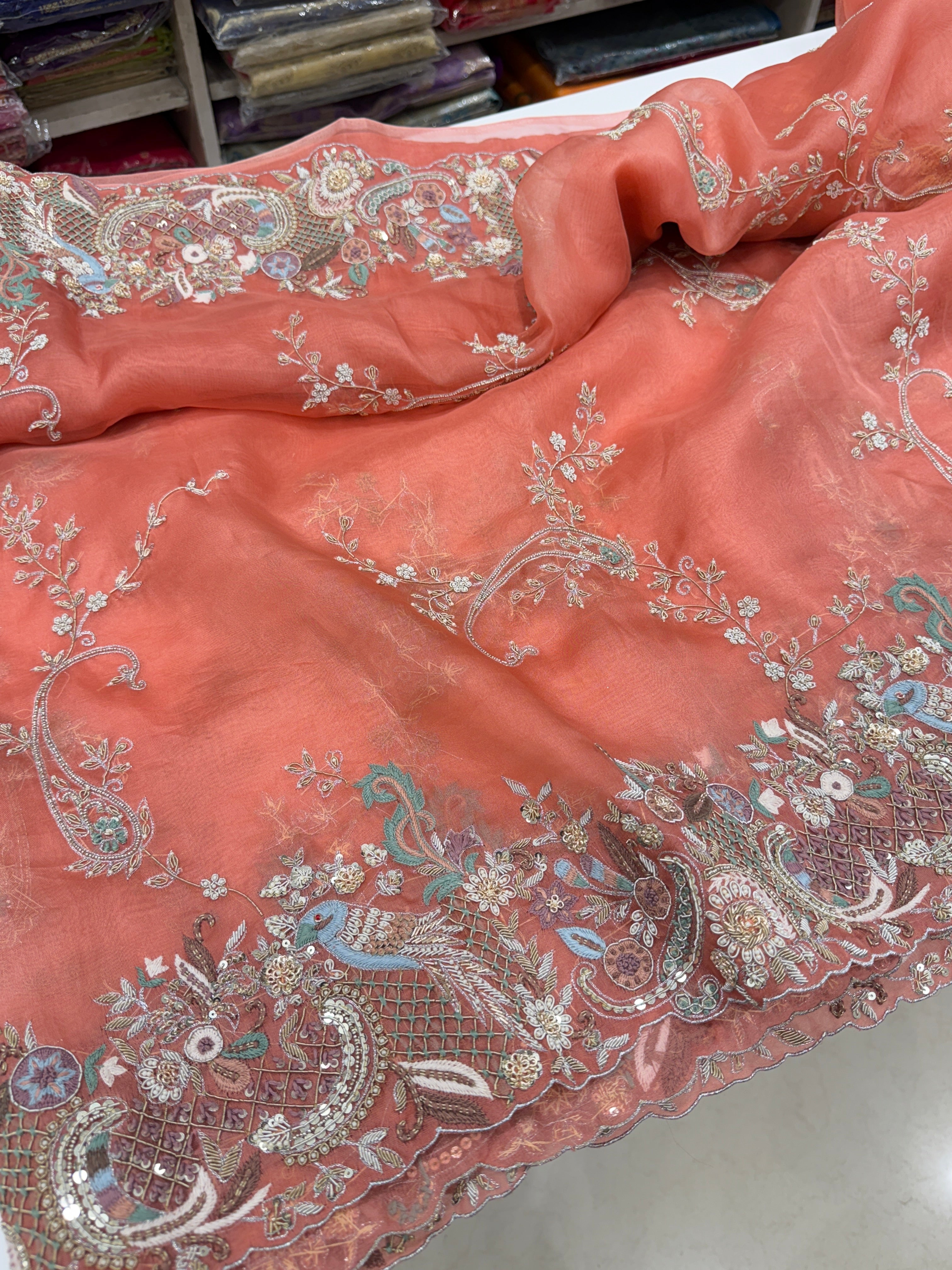 Peach Organza Zardosi Jaal Hand Embroidery Saree