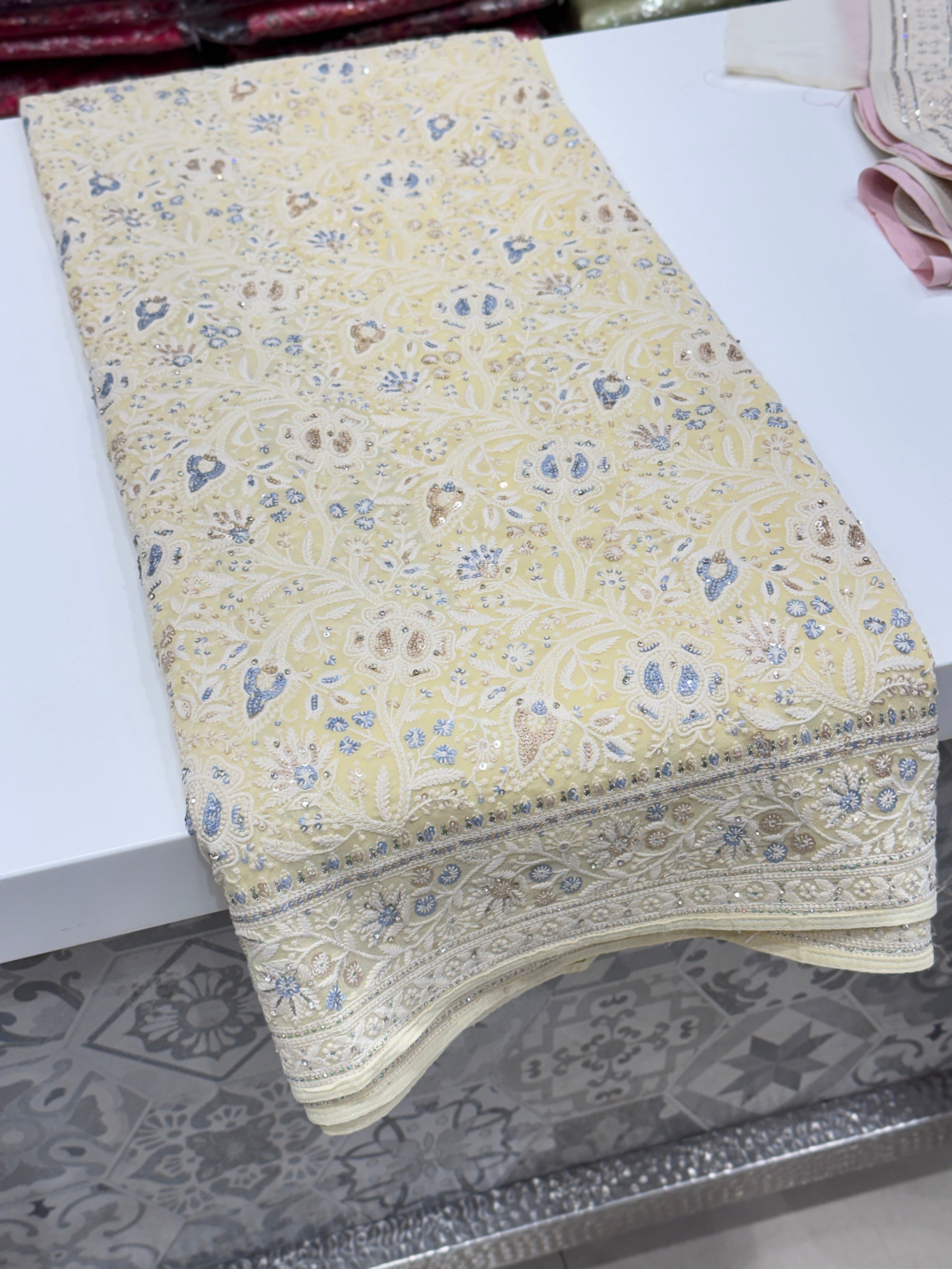 Yellow Chikankari Saree Floral Design