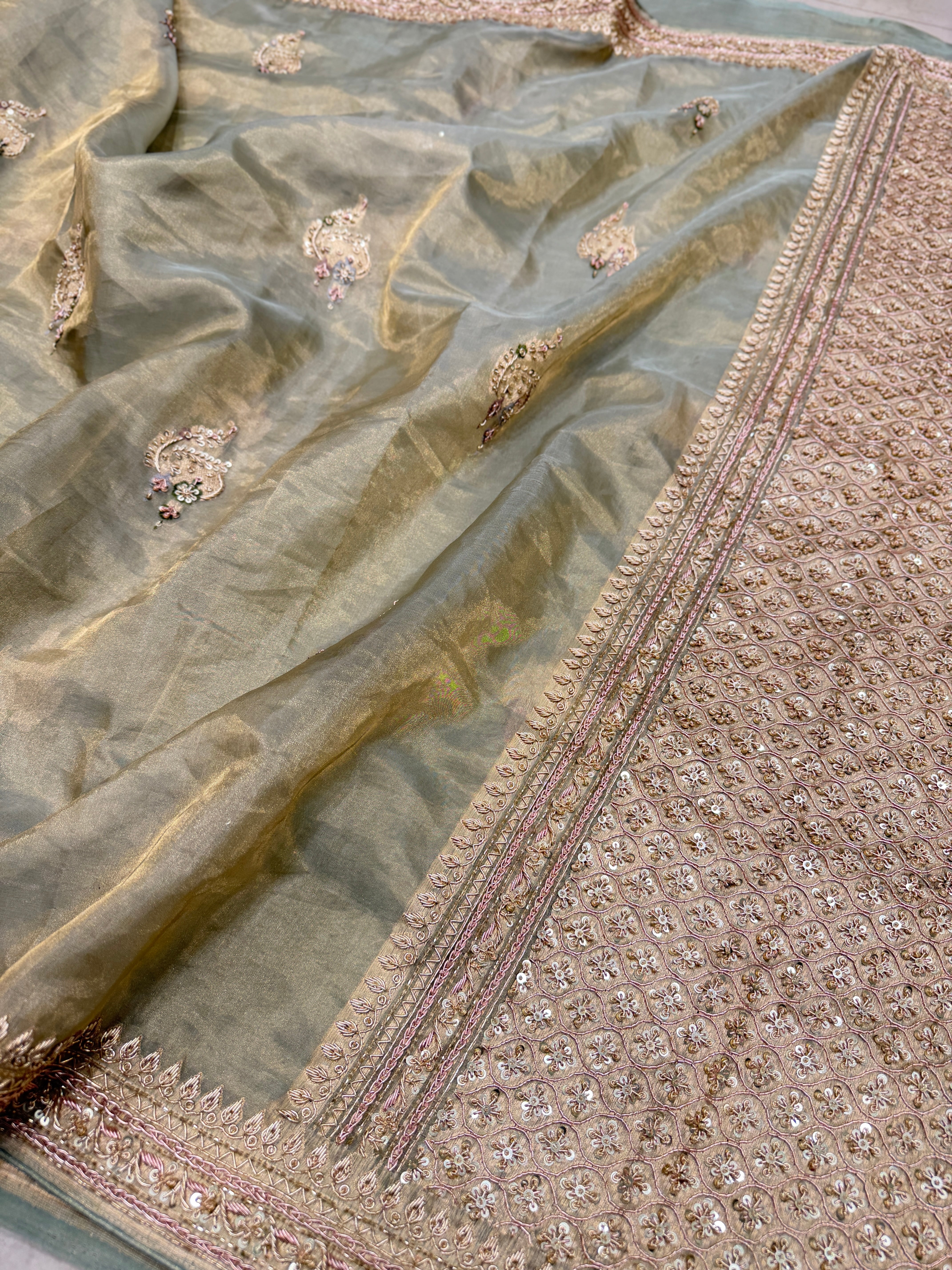 Sage Green Meenakari Banarasi Tissue Handloom Kadwa Weave Zardosi Embroidery Saree