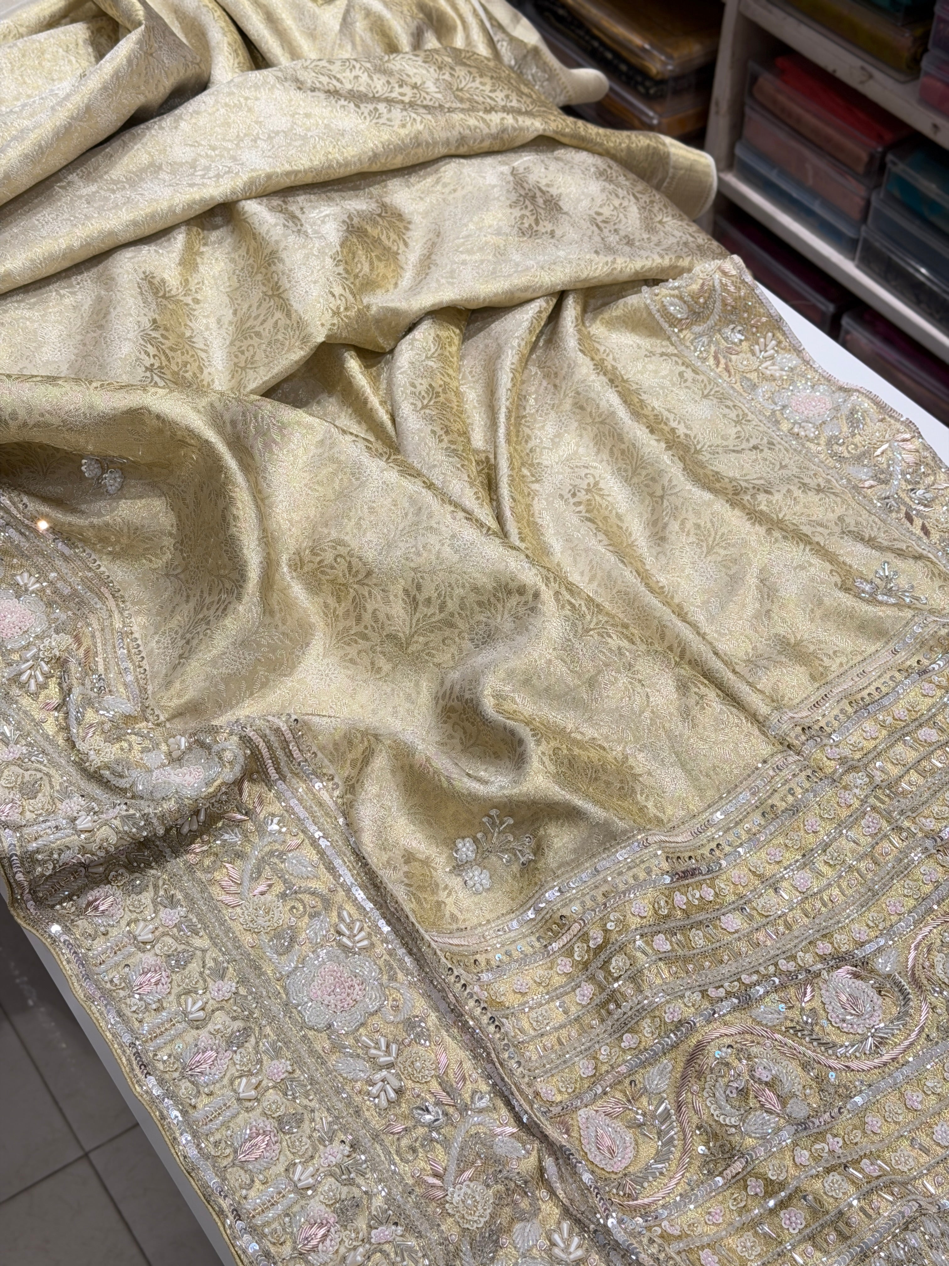 Light Golden Kanjivaram Moti Zardosi Hand Embroidery Saree