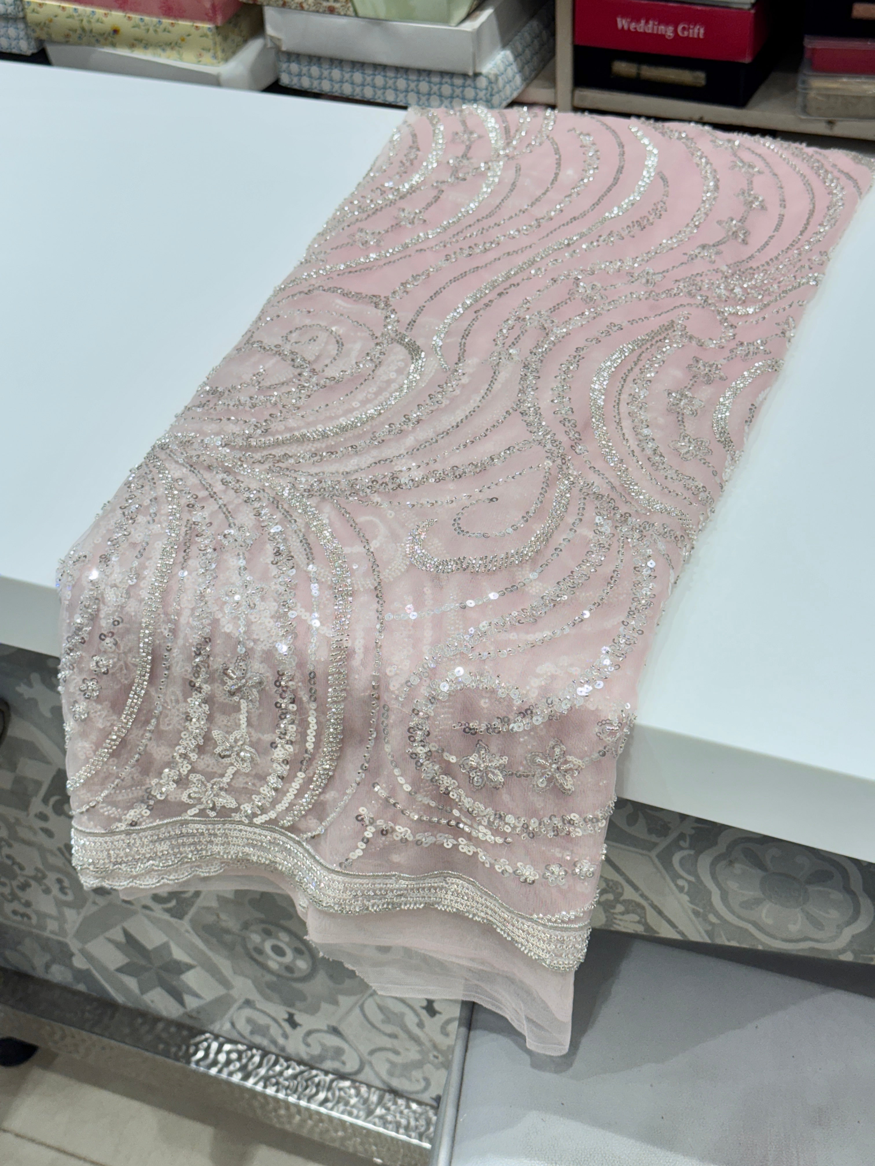 Pink Soft Net Sequin Moti Embroidery Saree